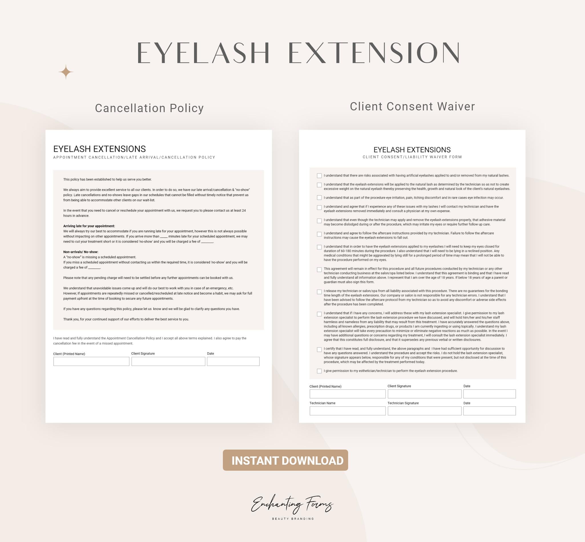 Eyelash extension consent forms champagne design - fillable PDF for lash technicians