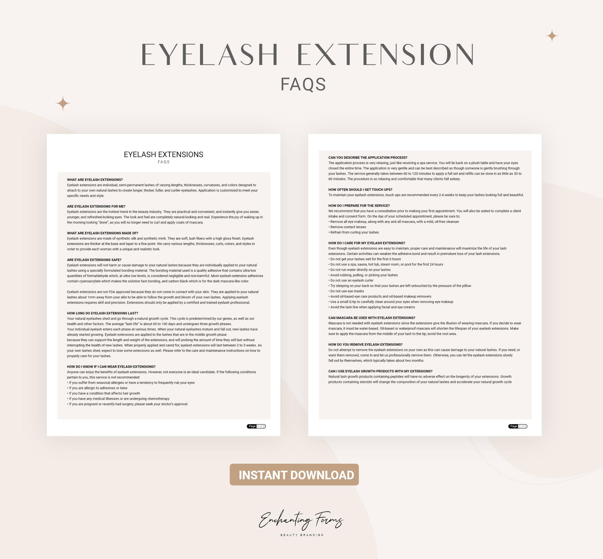 Eyelash extension consent forms champagne design - fillable PDF for lash technicians
