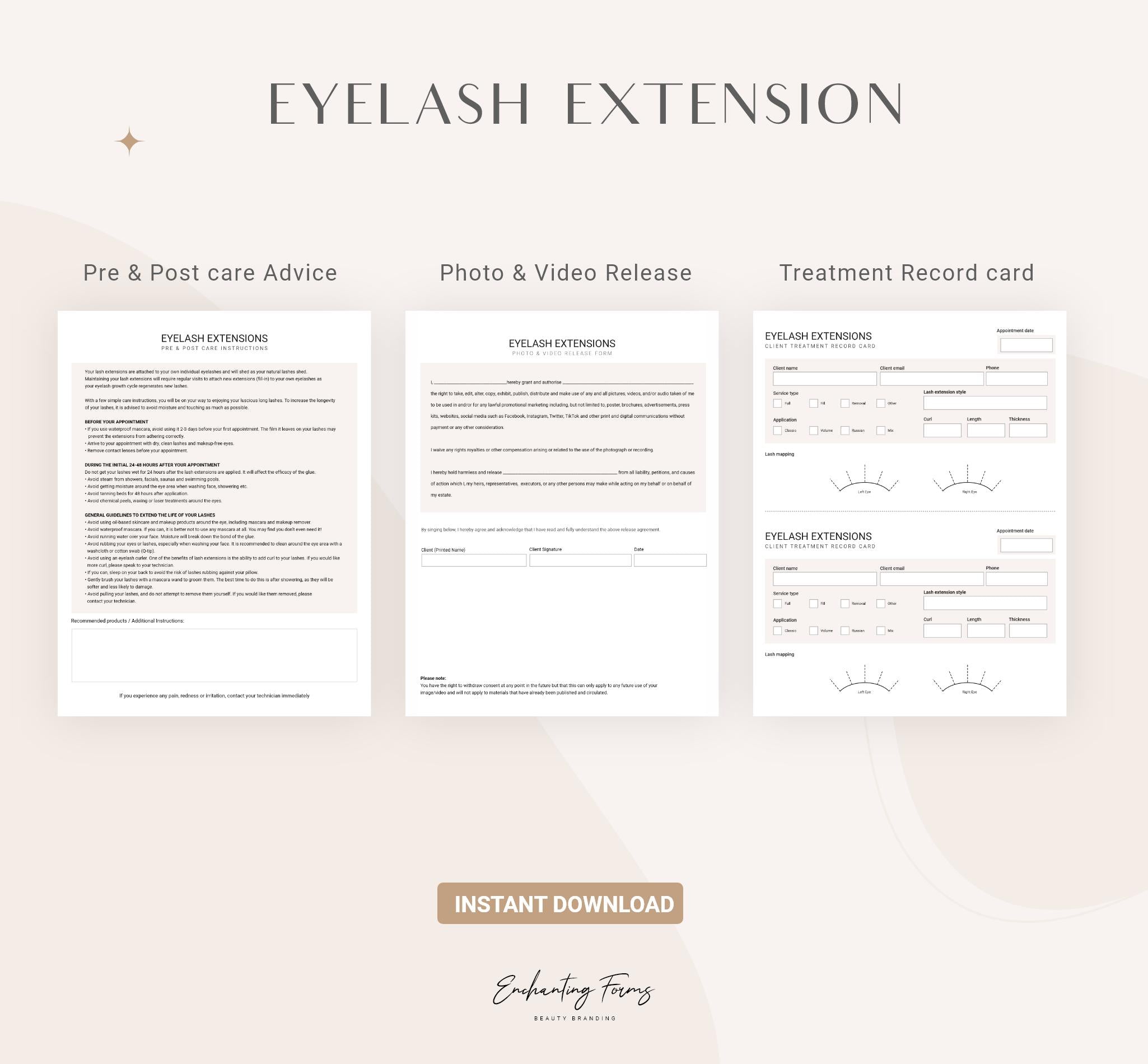 Eyelash extension consent forms champagne design - fillable PDF for lash technicians