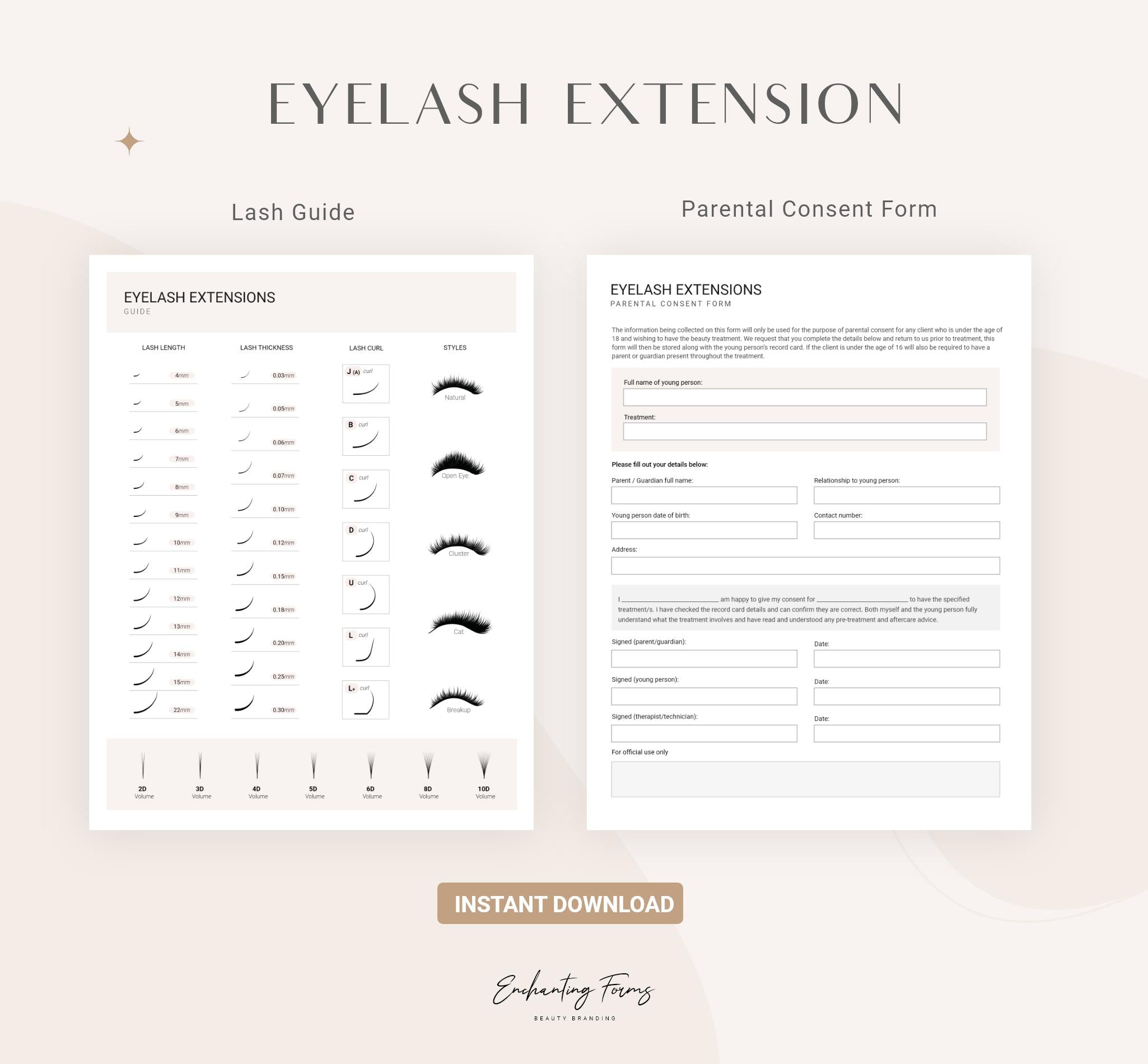 Eyelash extension consent forms champagne design - fillable PDF for lash technicians