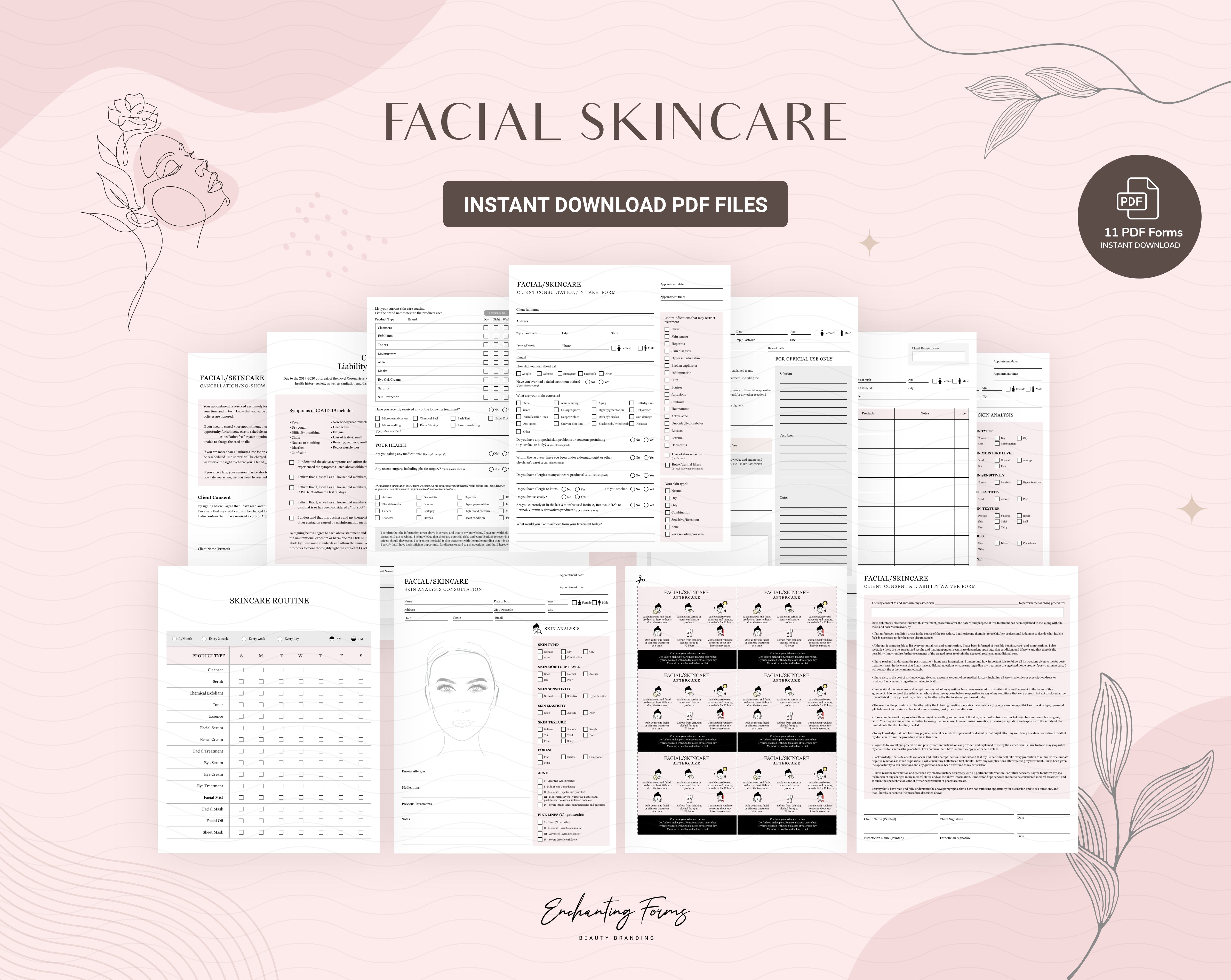 Skincare consultation forms blush pink design - fillable PDF for aestheticians