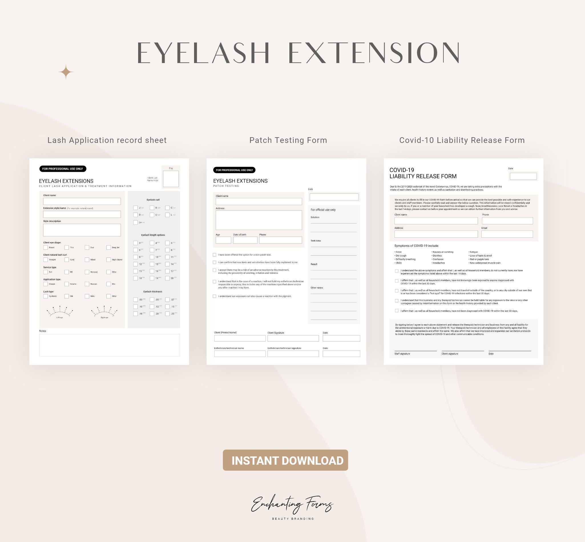 Eyelash extension consent forms champagne design - fillable PDF for lash technicians