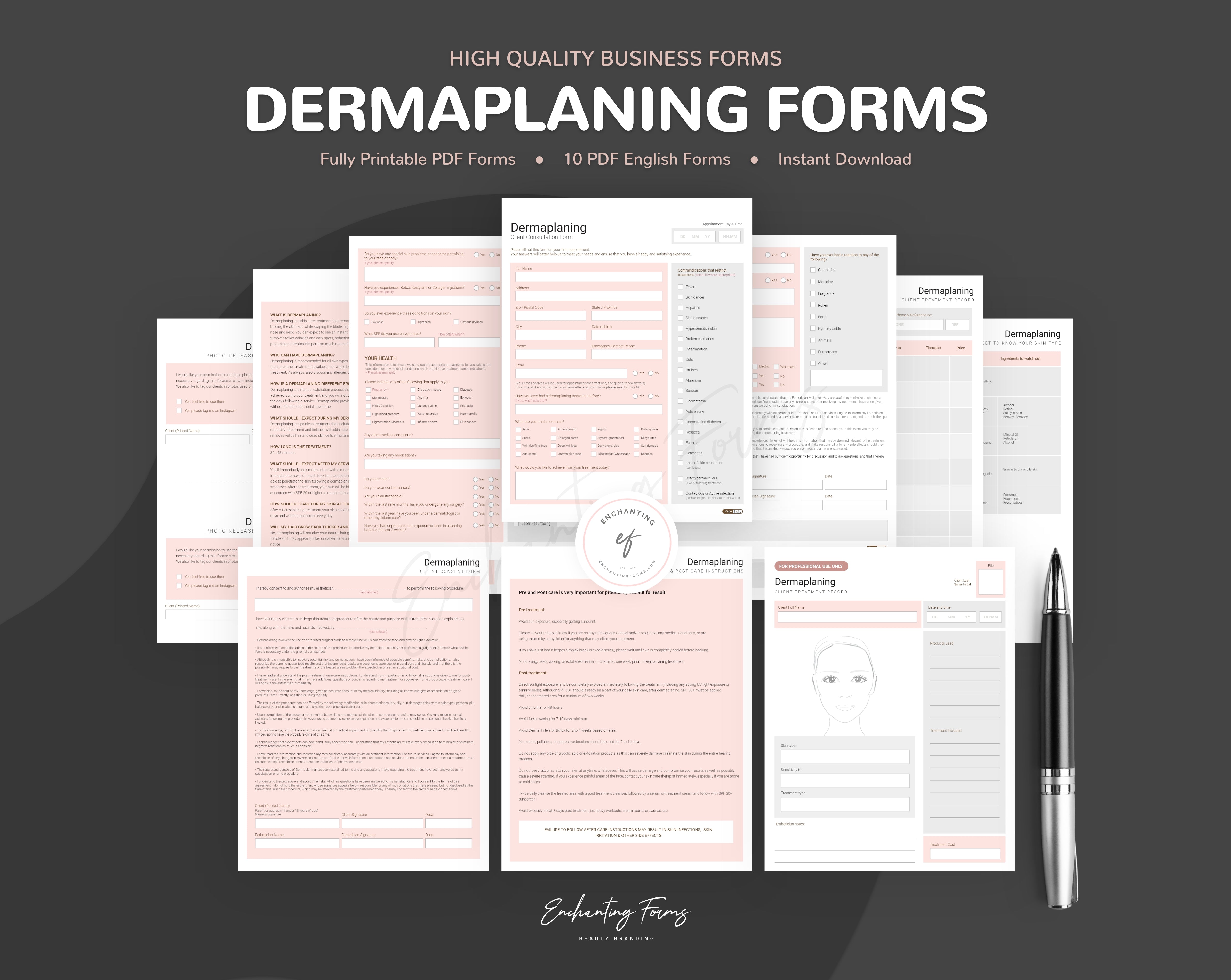 Dermaplaning consultation and consent forms bundle rose gold design - fillable PDF for aestheticians