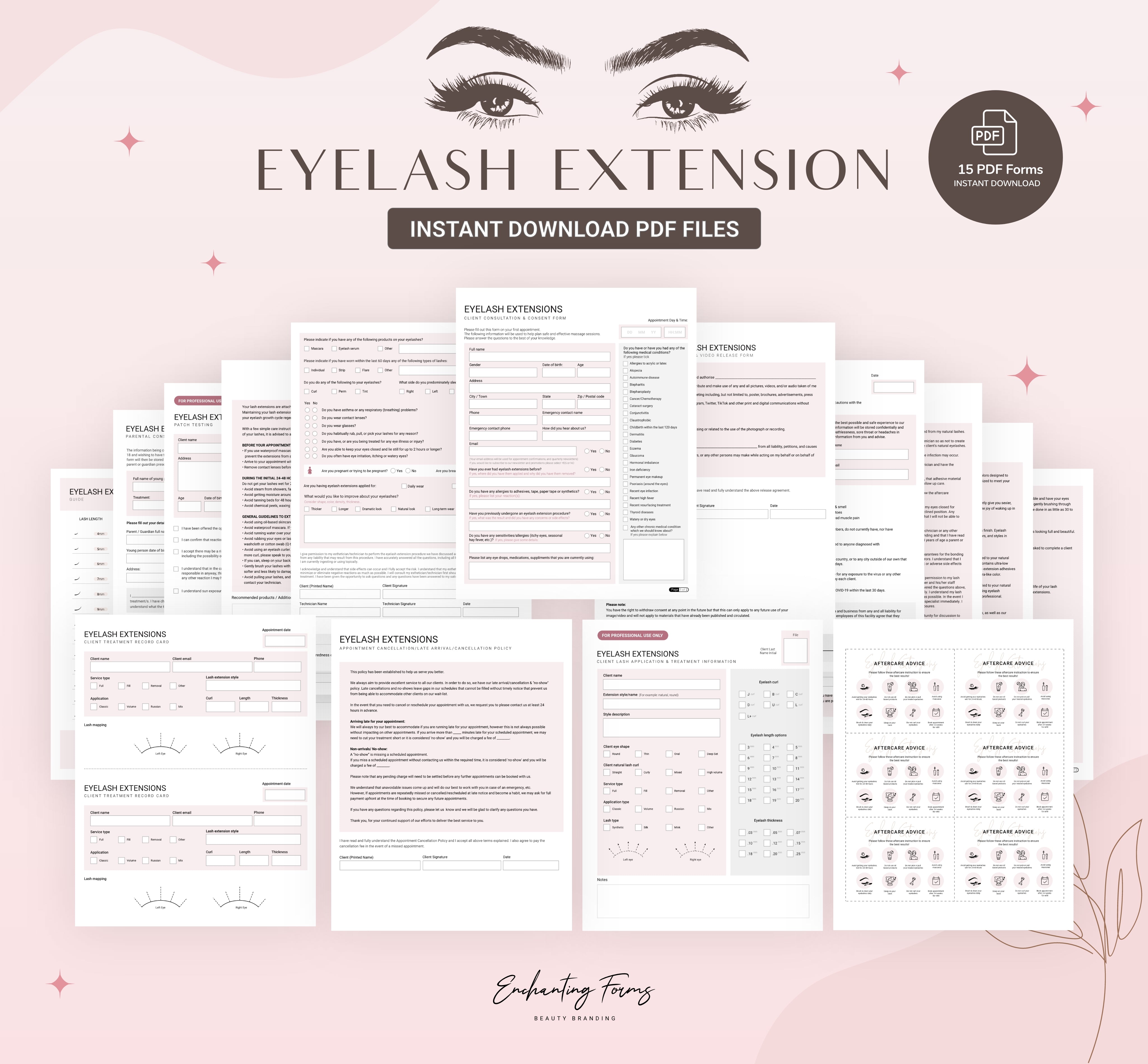 Eyelash extension consent forms blush pink design - fillable PDF for lash technicians