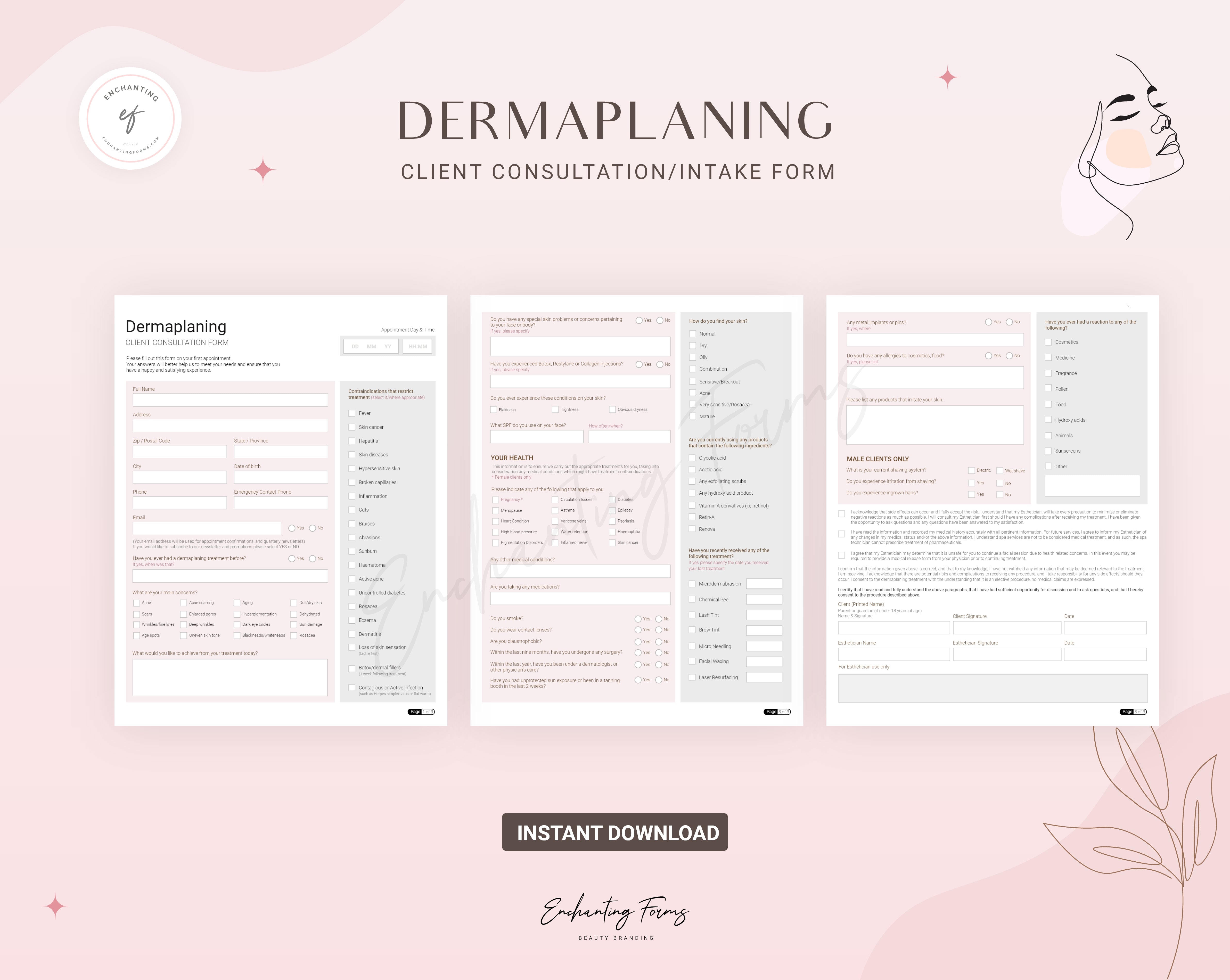 Dermaplaning consultation and consent forms bundle - professional fillable PDF for aestheticians
