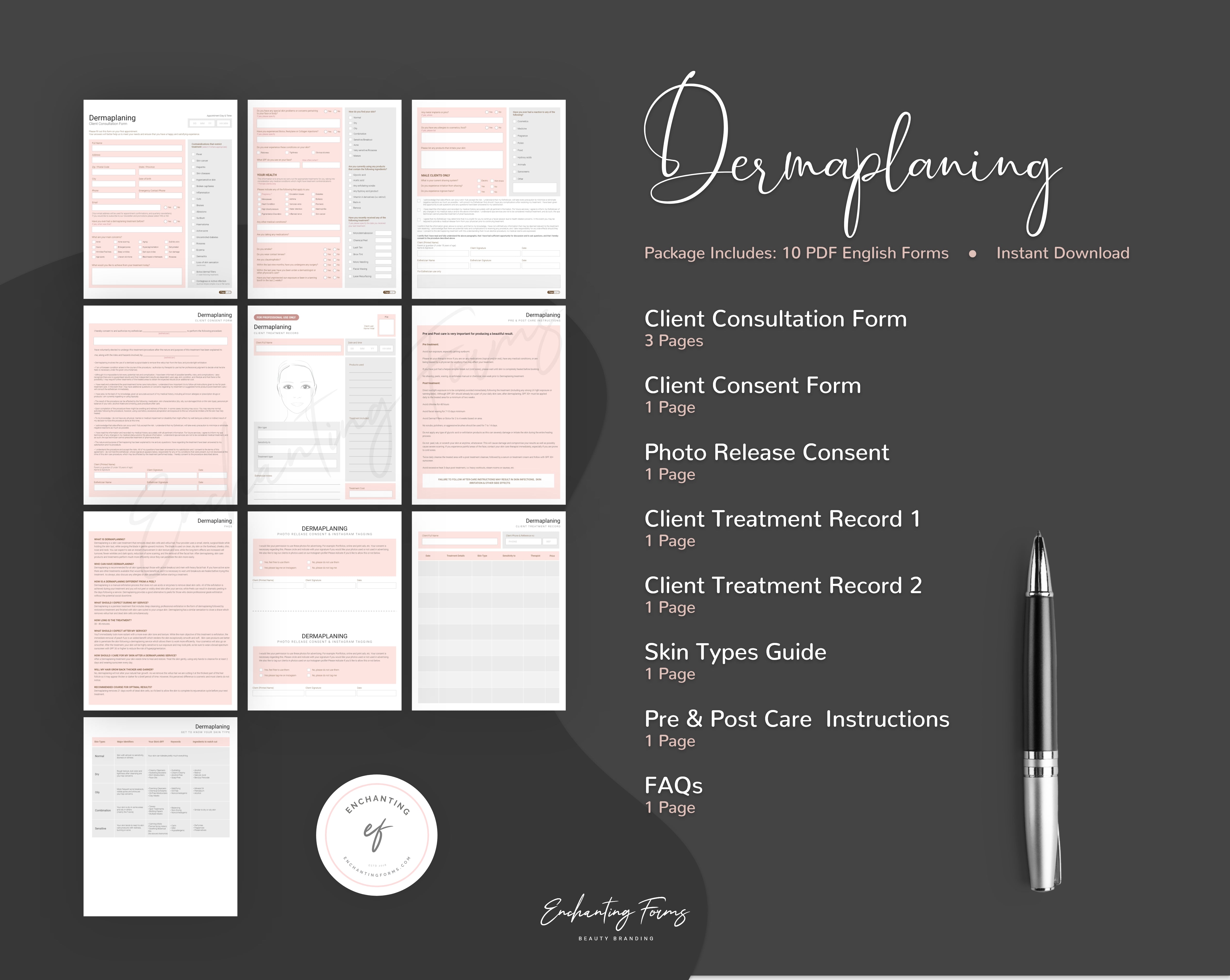 Dermaplaning consultation and consent forms bundle rose gold design - fillable PDF for aestheticians