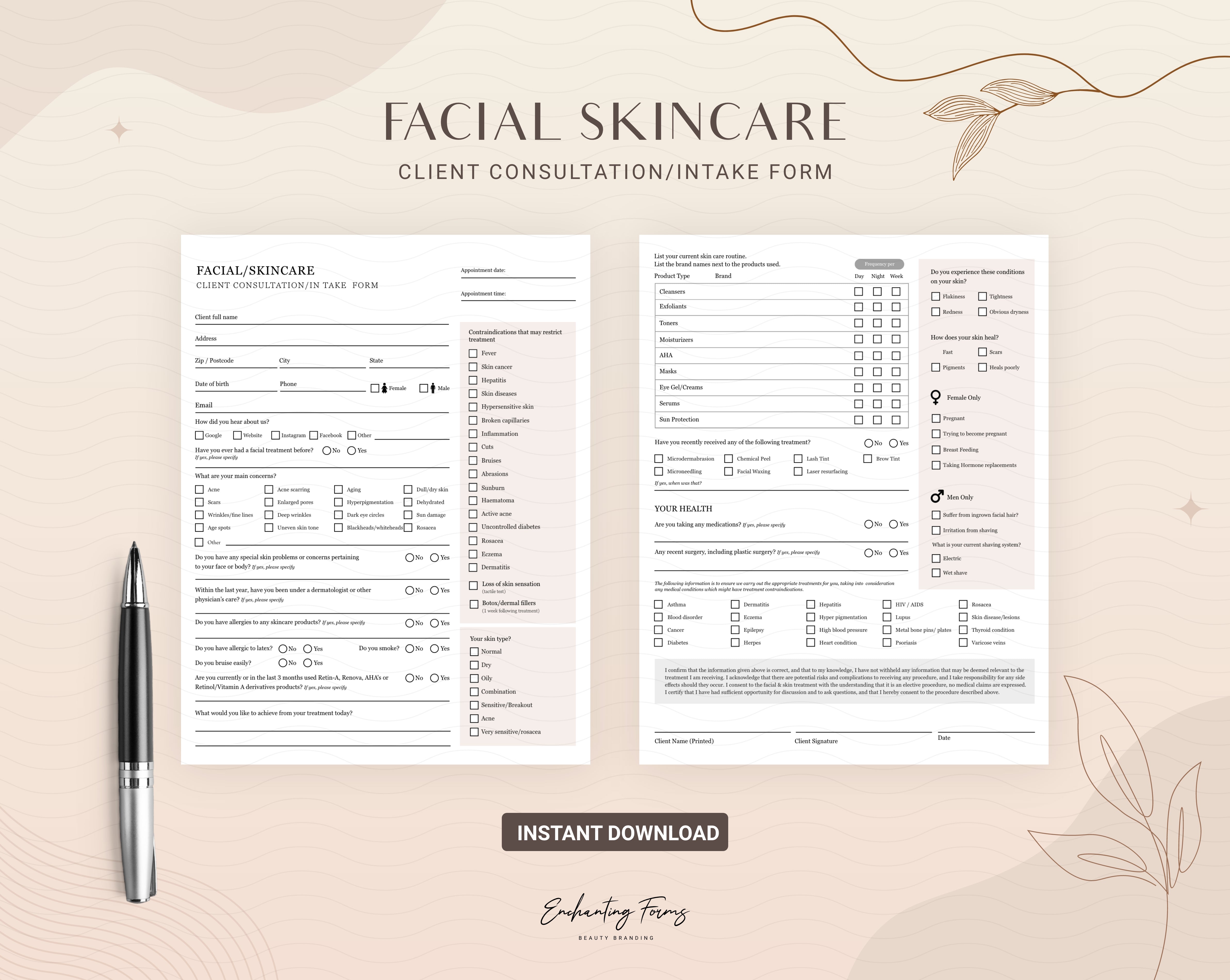 Skincare consultation forms champagne design - fillable PDF for aestheticians
