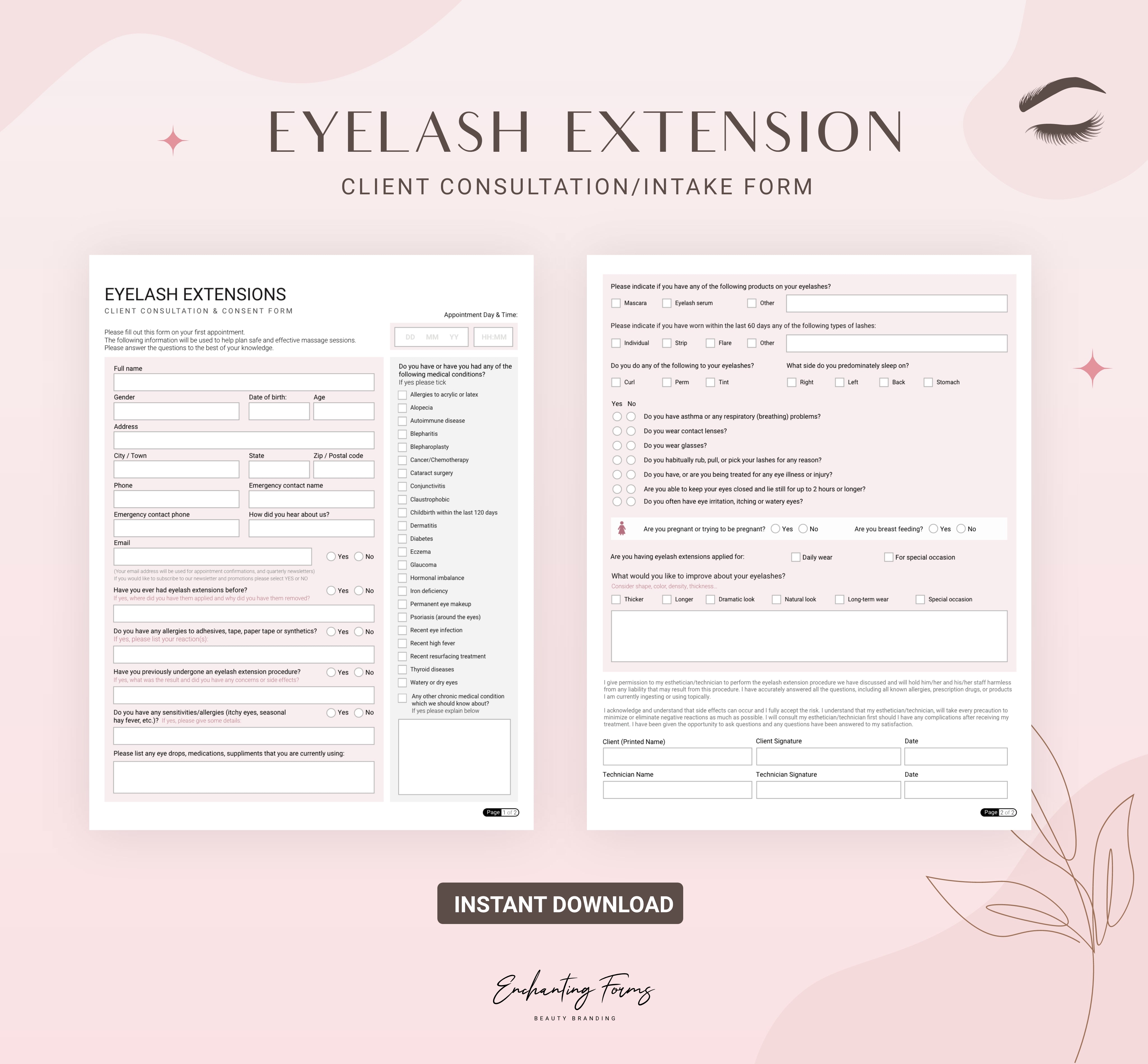 Eyelash extension consent forms blush pink design - fillable PDF for lash technicians
