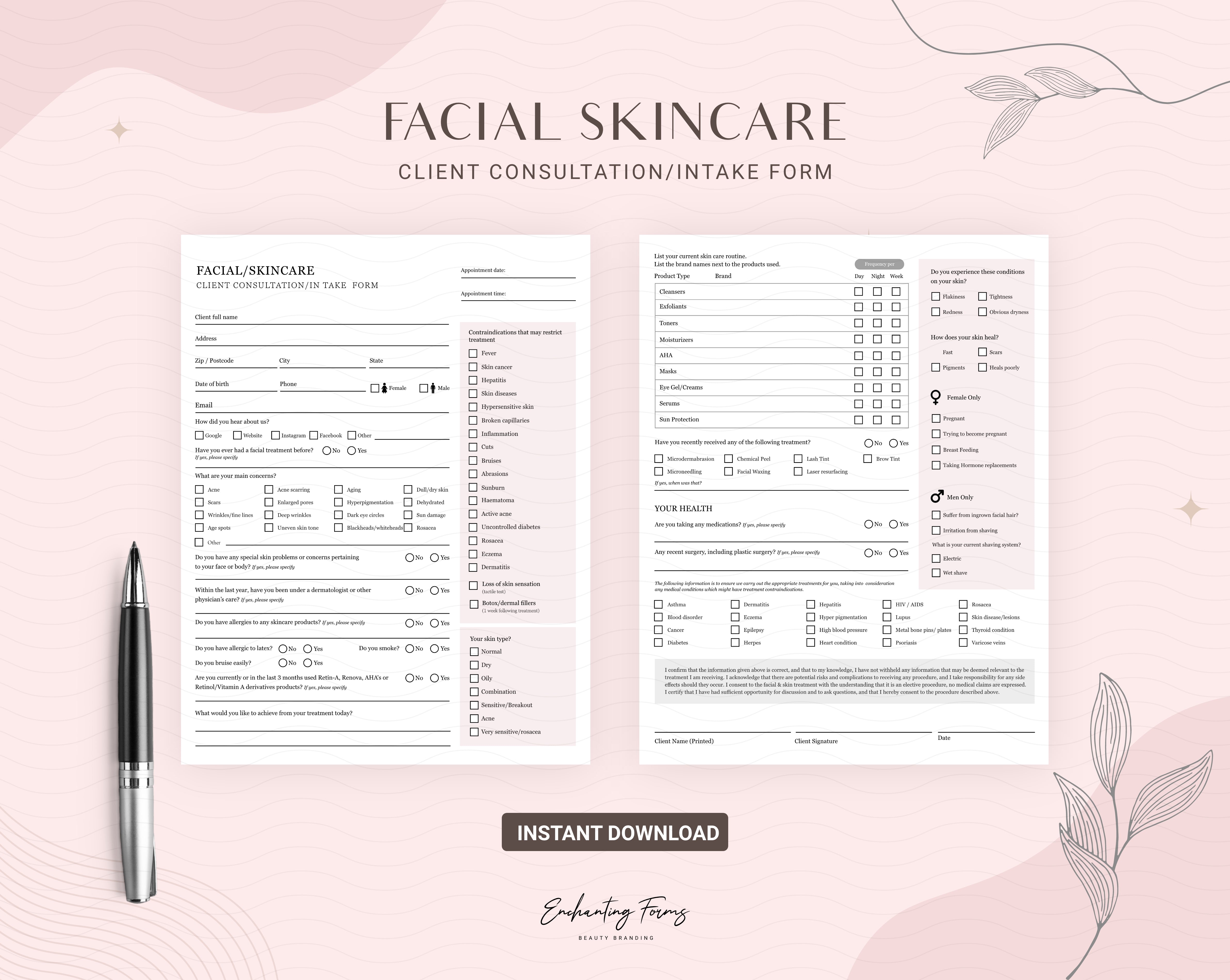 Skincare consultation forms blush pink design - fillable PDF for aestheticians