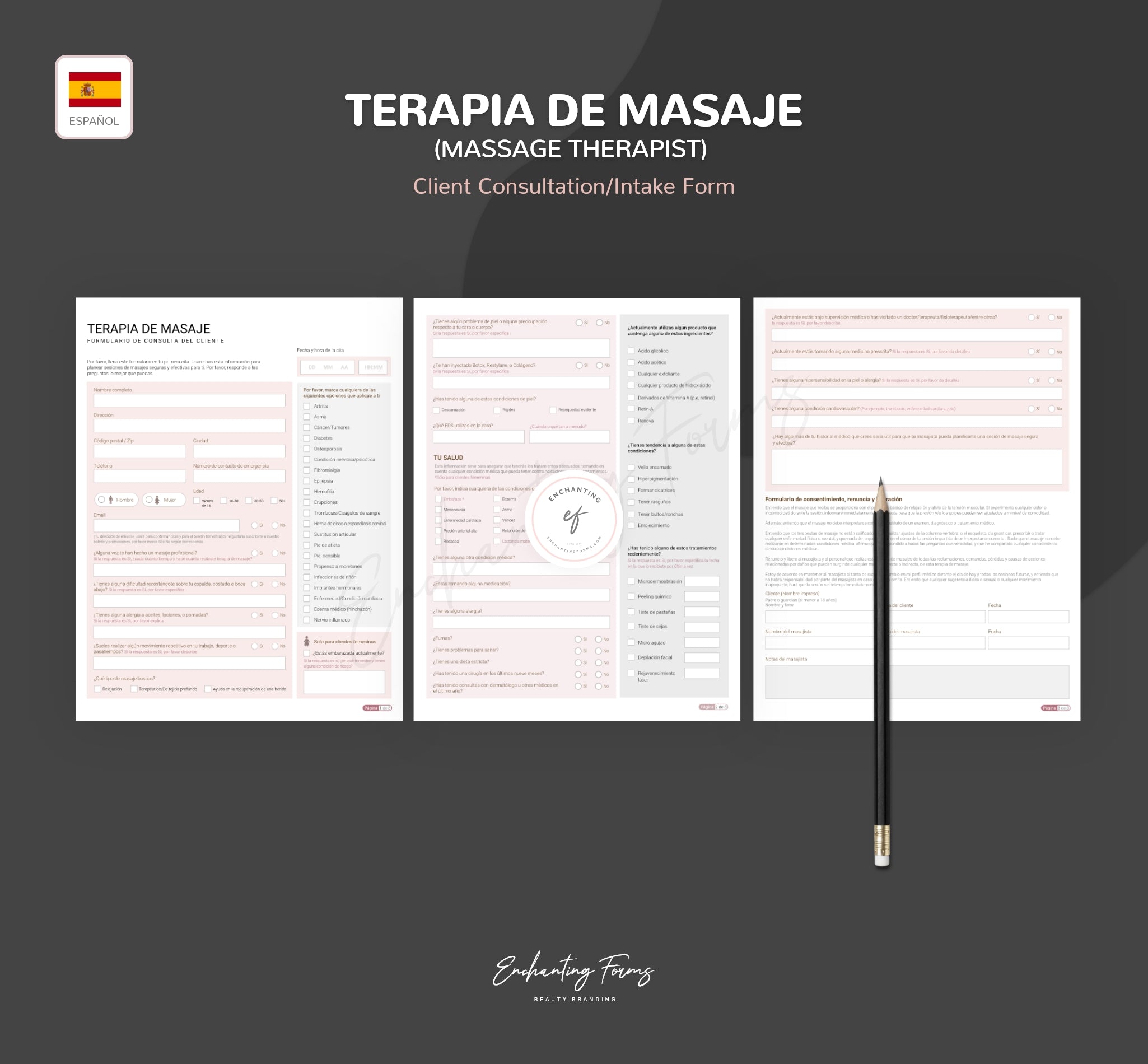 Spanish massage therapy consultation consent forms - formularios masaje terapéutico en español PDF