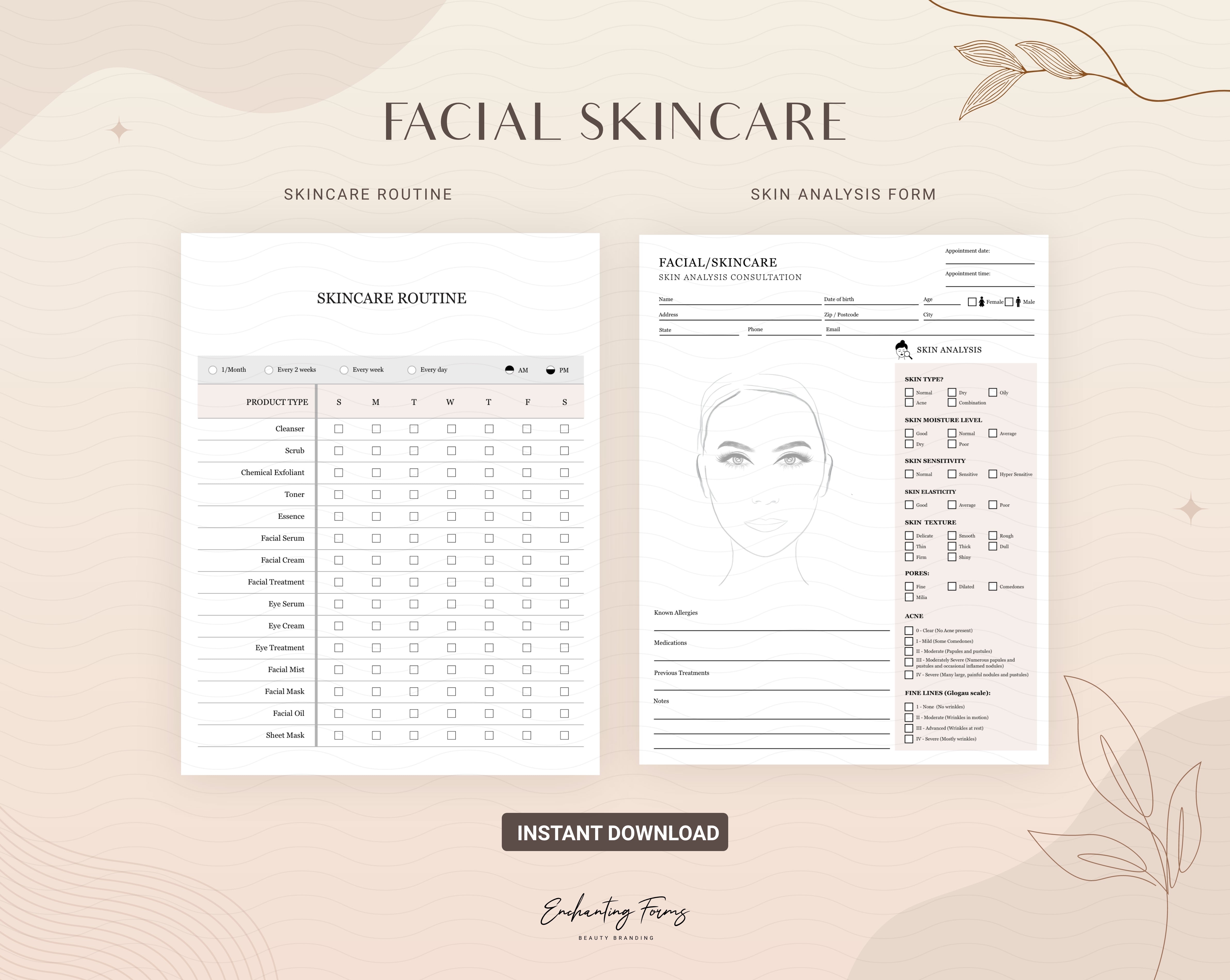 Skincare consultation forms champagne design - fillable PDF for aestheticians