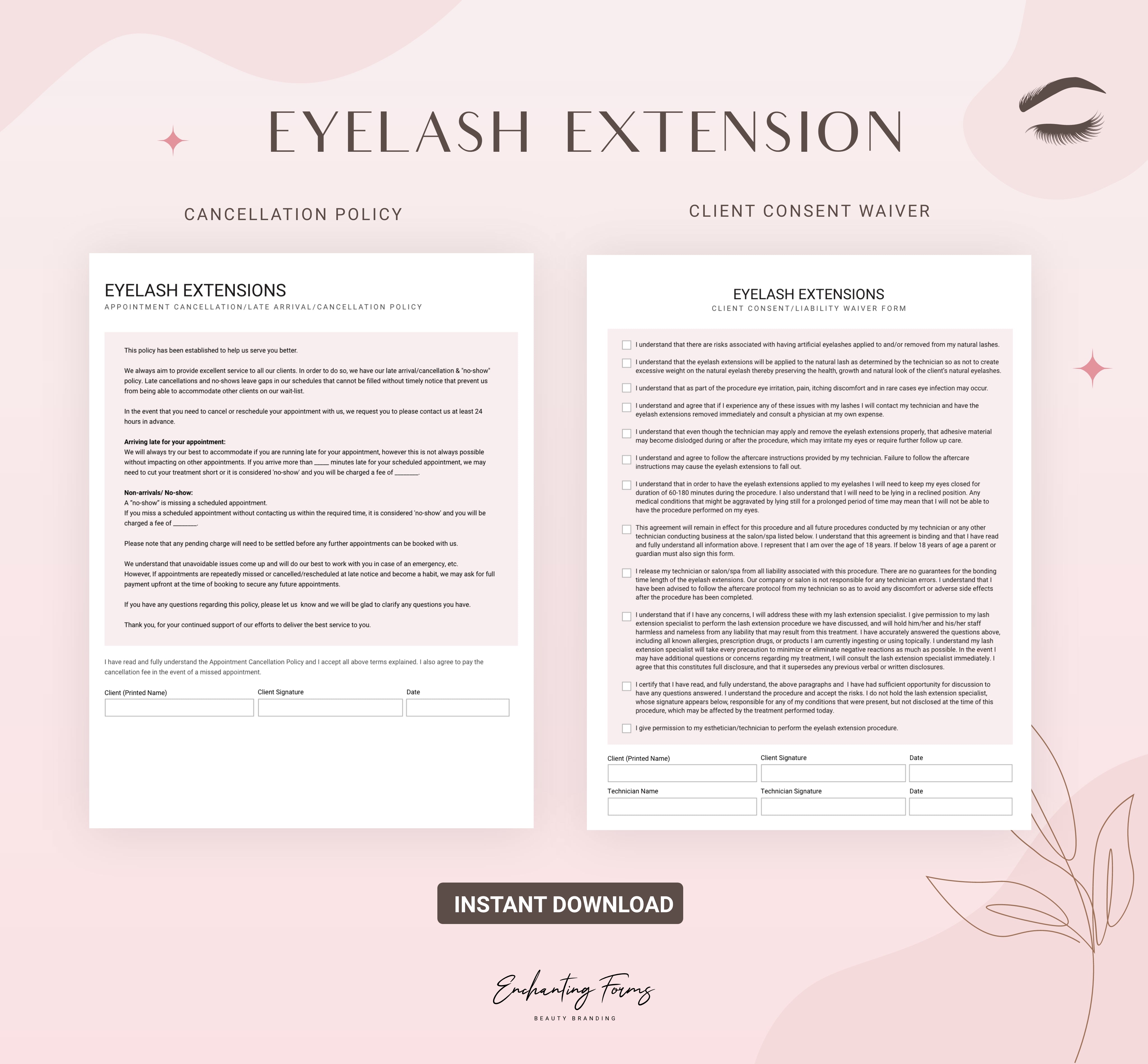Eyelash extension consent forms blush pink design - fillable PDF for lash technicians