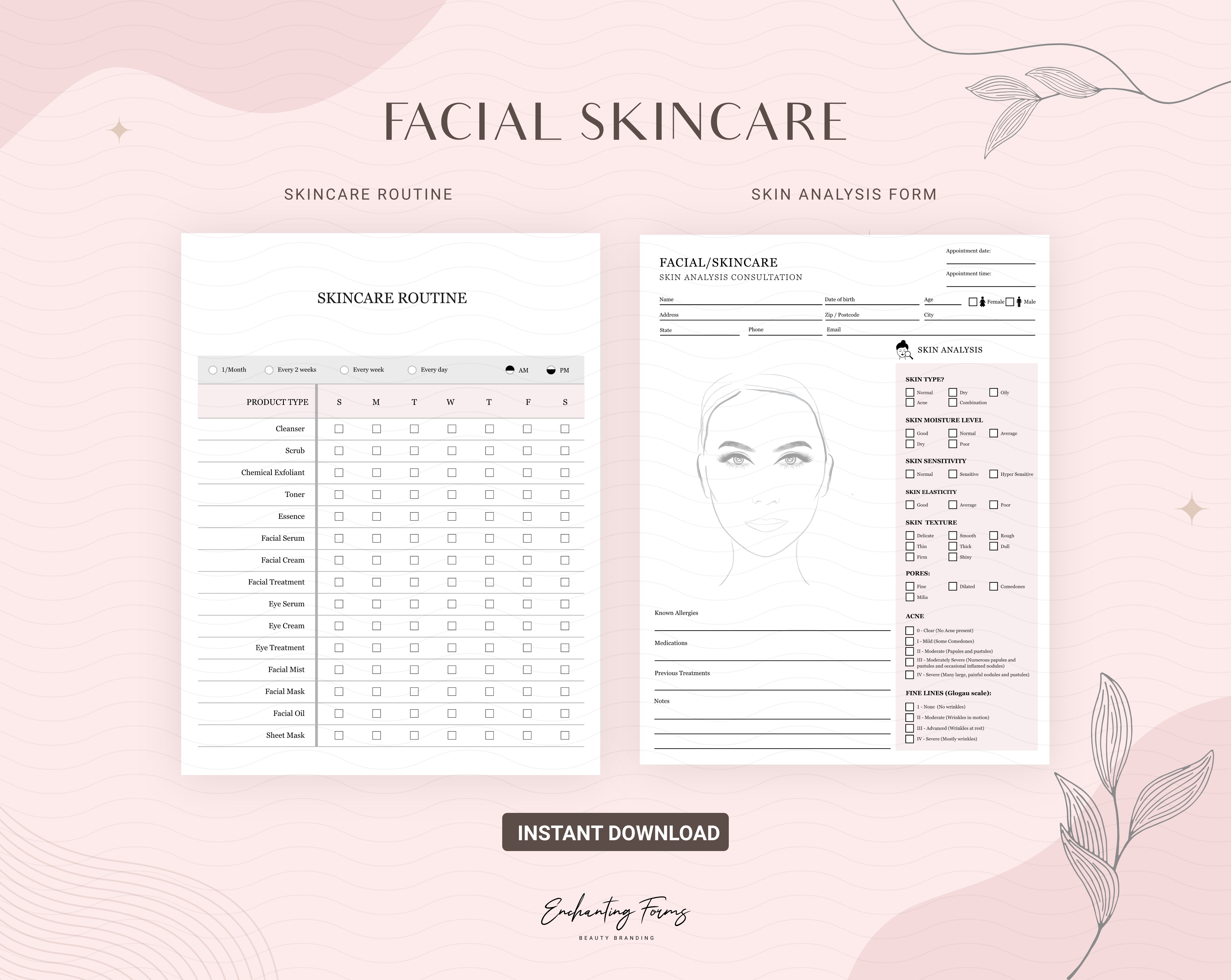 Skincare consultation forms blush pink design - fillable PDF for aestheticians