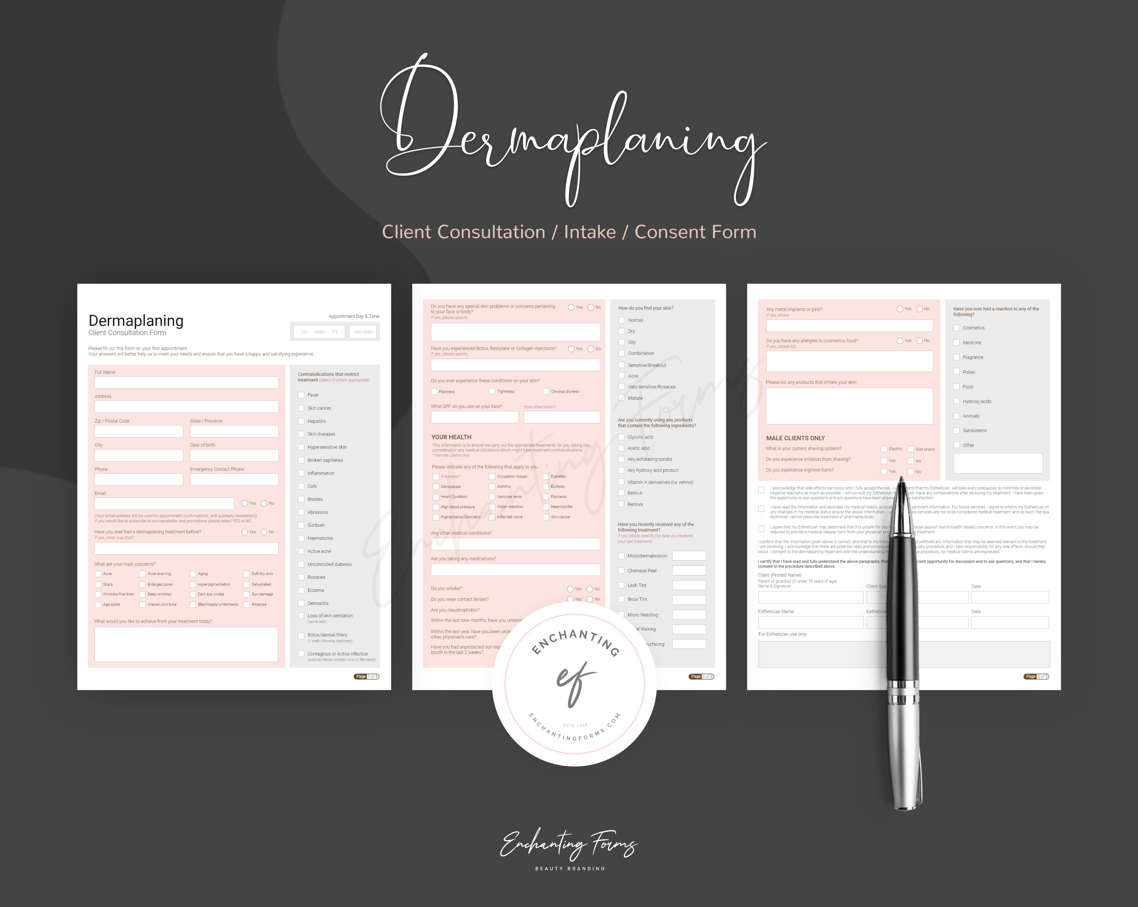 Dermaplaning consultation and consent forms bundle rose gold design - fillable PDF for aestheticians