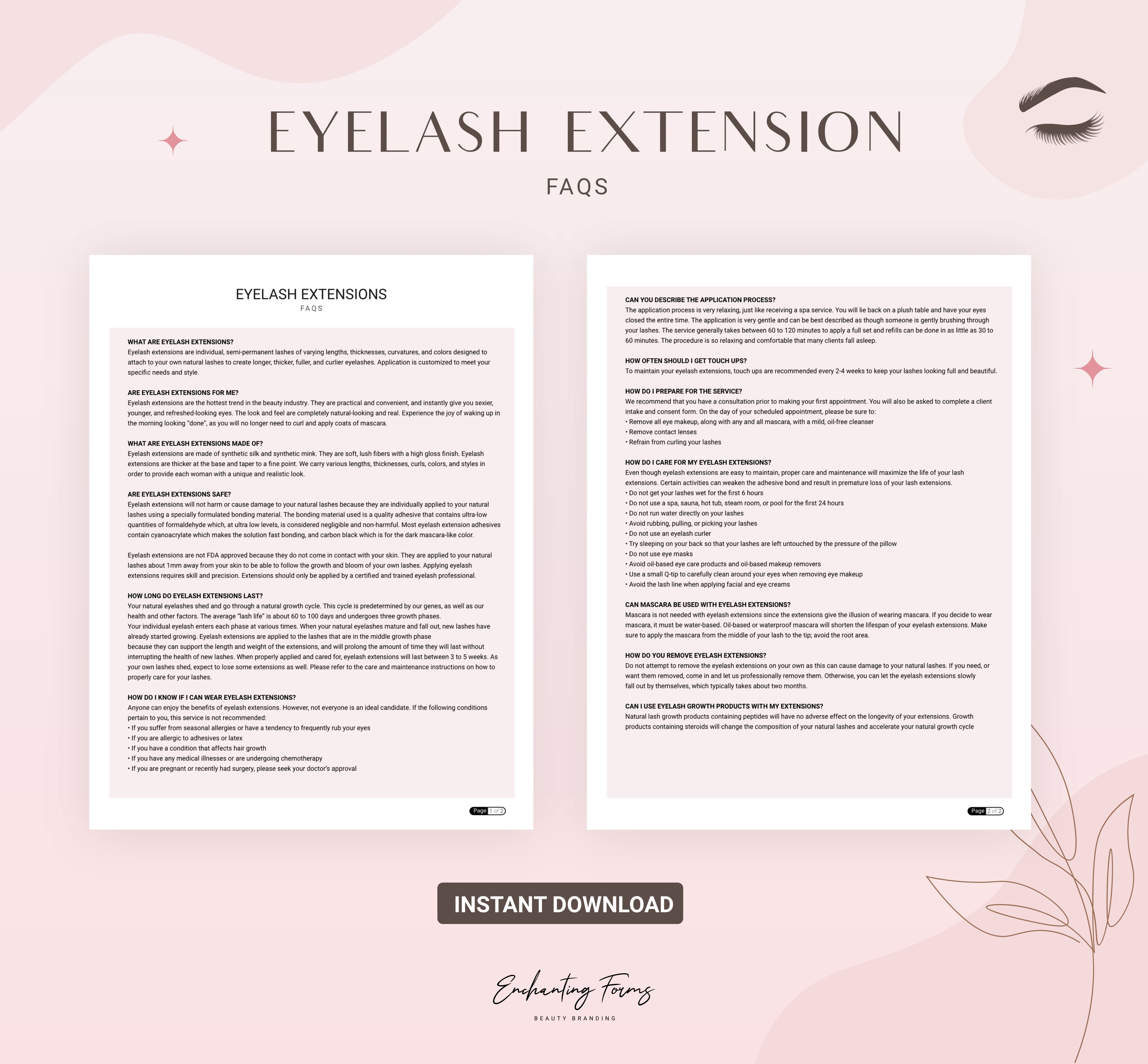 Eyelash extension consent forms blush pink design - fillable PDF for lash technicians