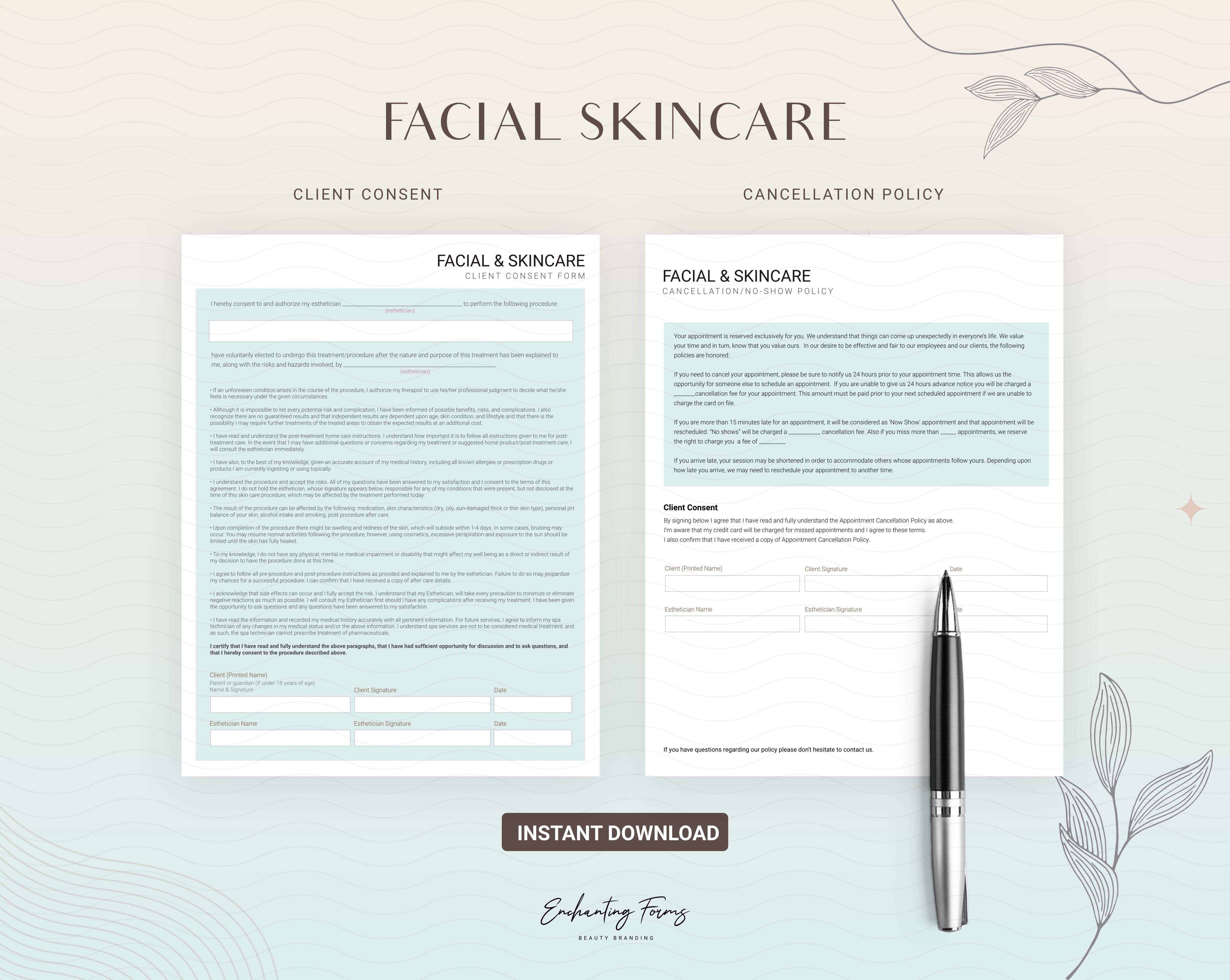 Skincare consultation forms sage green design - fillable PDF for aestheticians