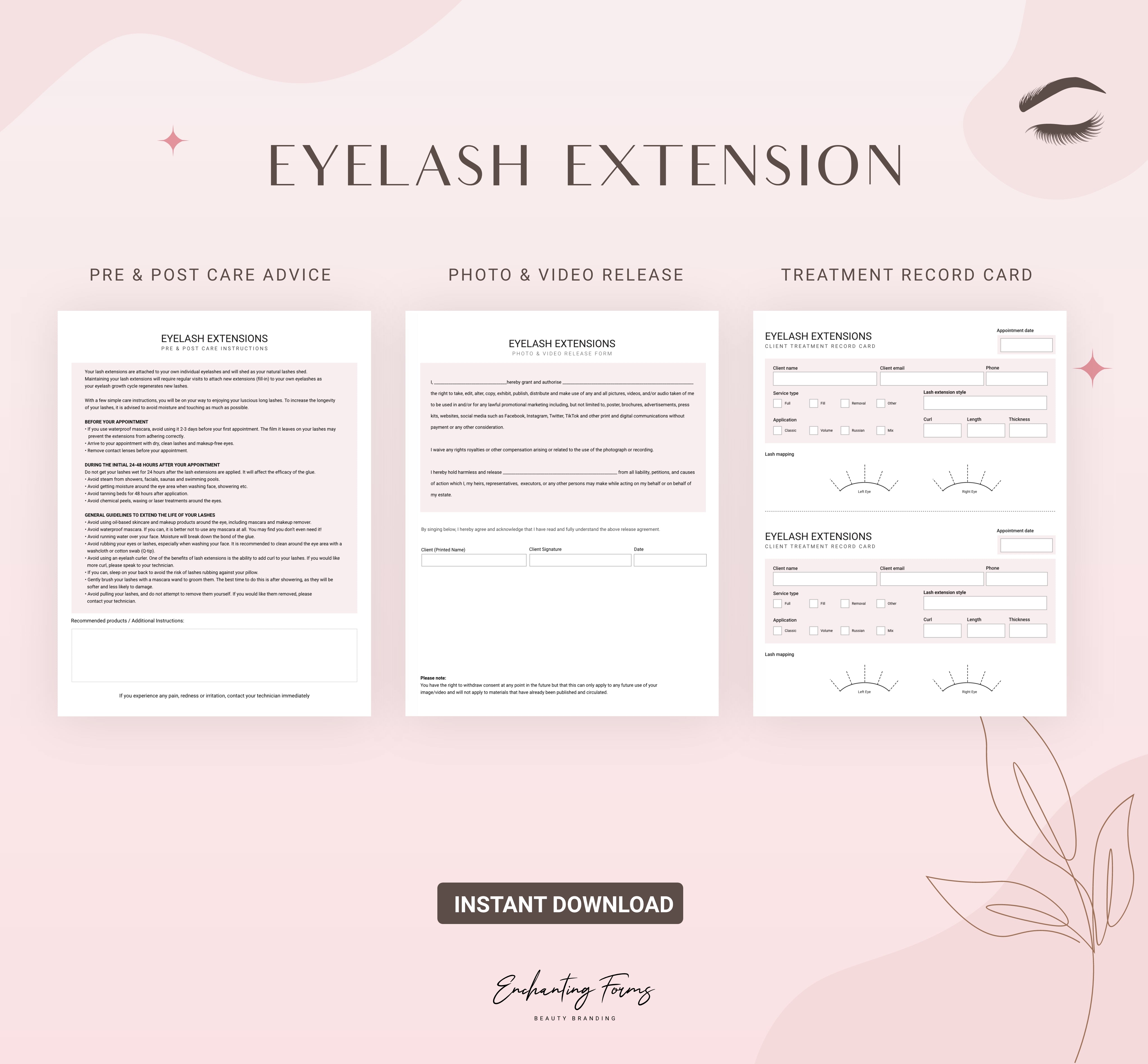 Eyelash extension consent forms blush pink design - fillable PDF for lash technicians