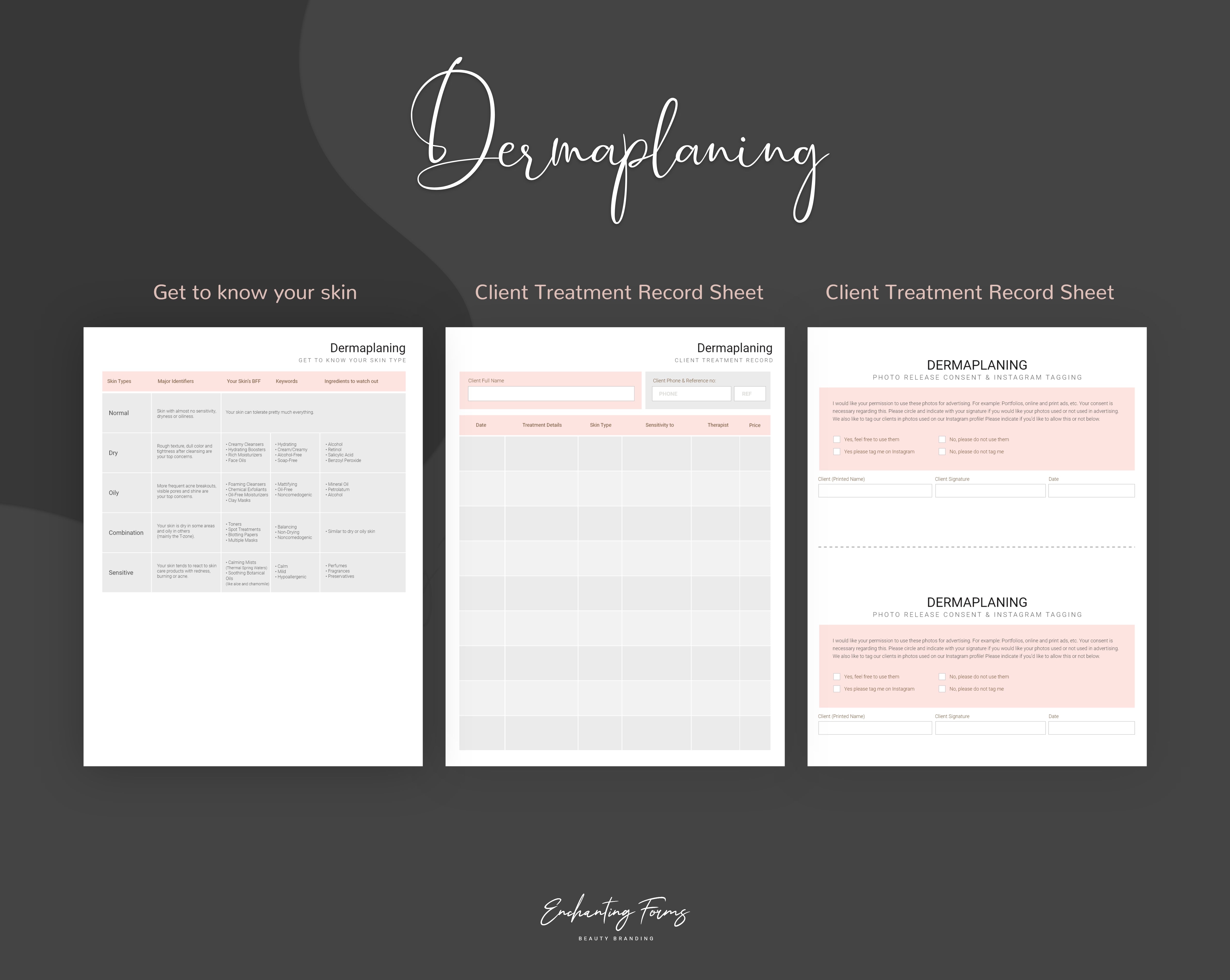 Dermaplaning consultation and consent forms bundle rose gold design - fillable PDF for aestheticians