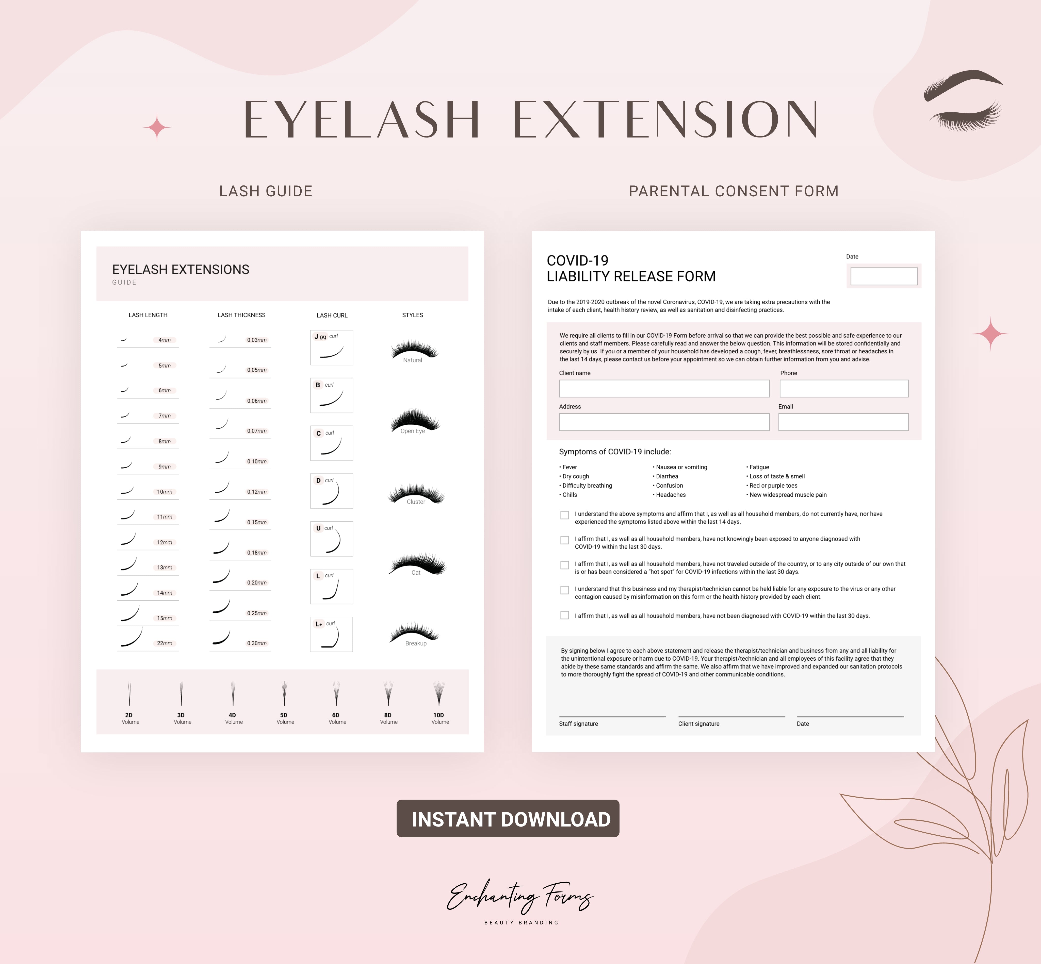 Eyelash extension consent forms blush pink design - fillable PDF for lash technicians
