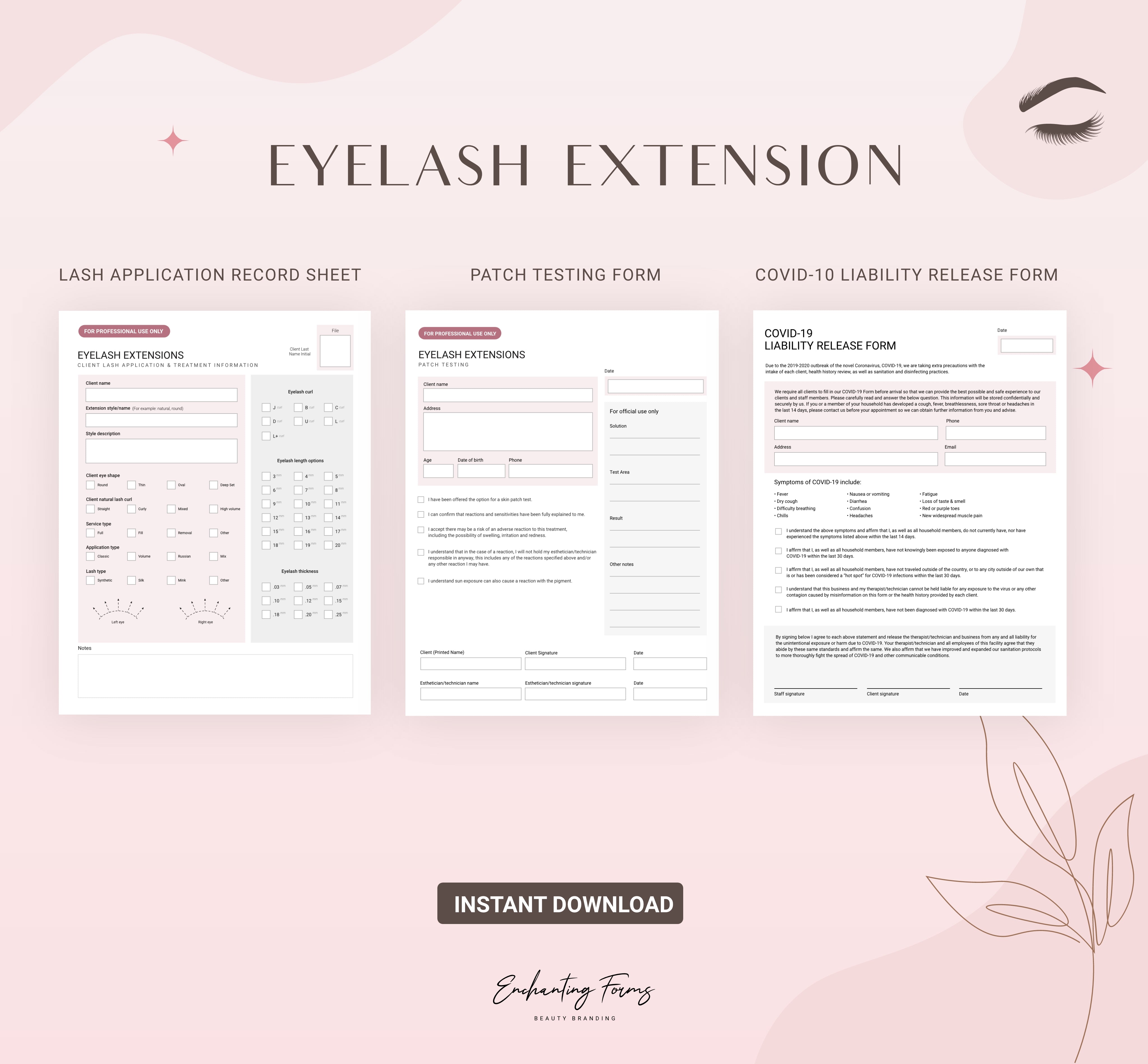 Eyelash extension consent forms blush pink design - fillable PDF for lash technicians
