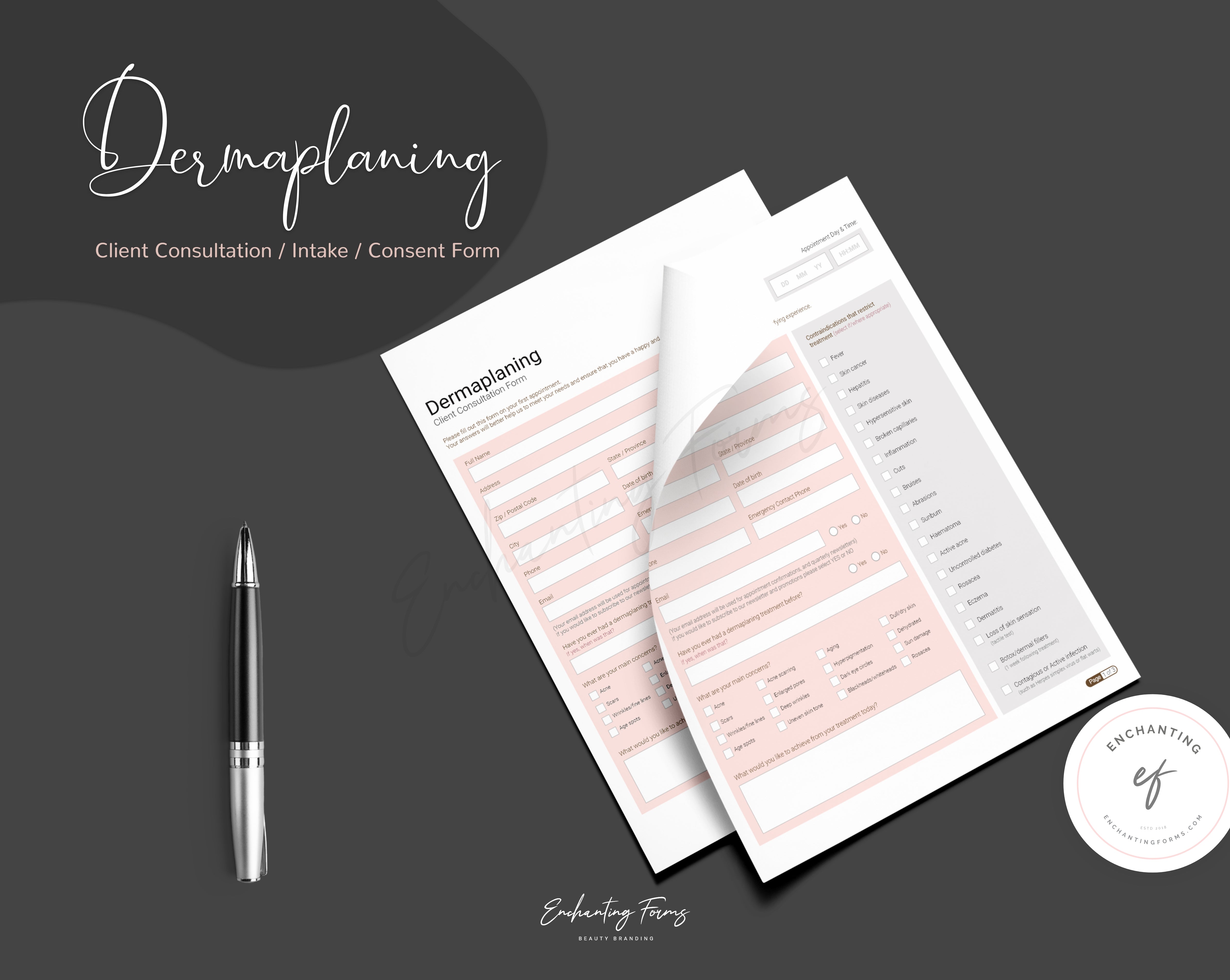 Dermaplaning consultation and consent forms bundle rose gold design - fillable PDF for aestheticians