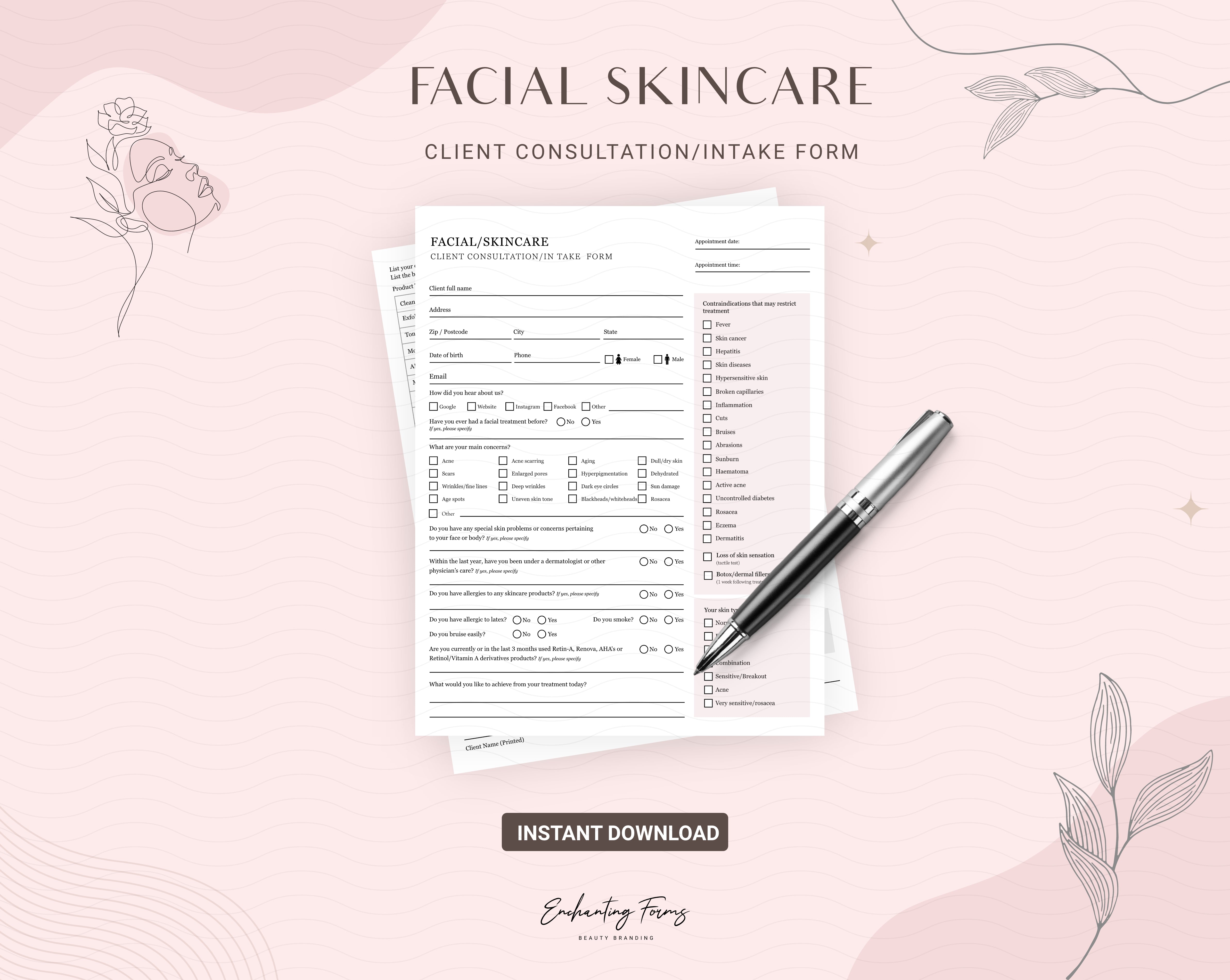 Skincare consultation forms blush pink design - fillable PDF for aestheticians