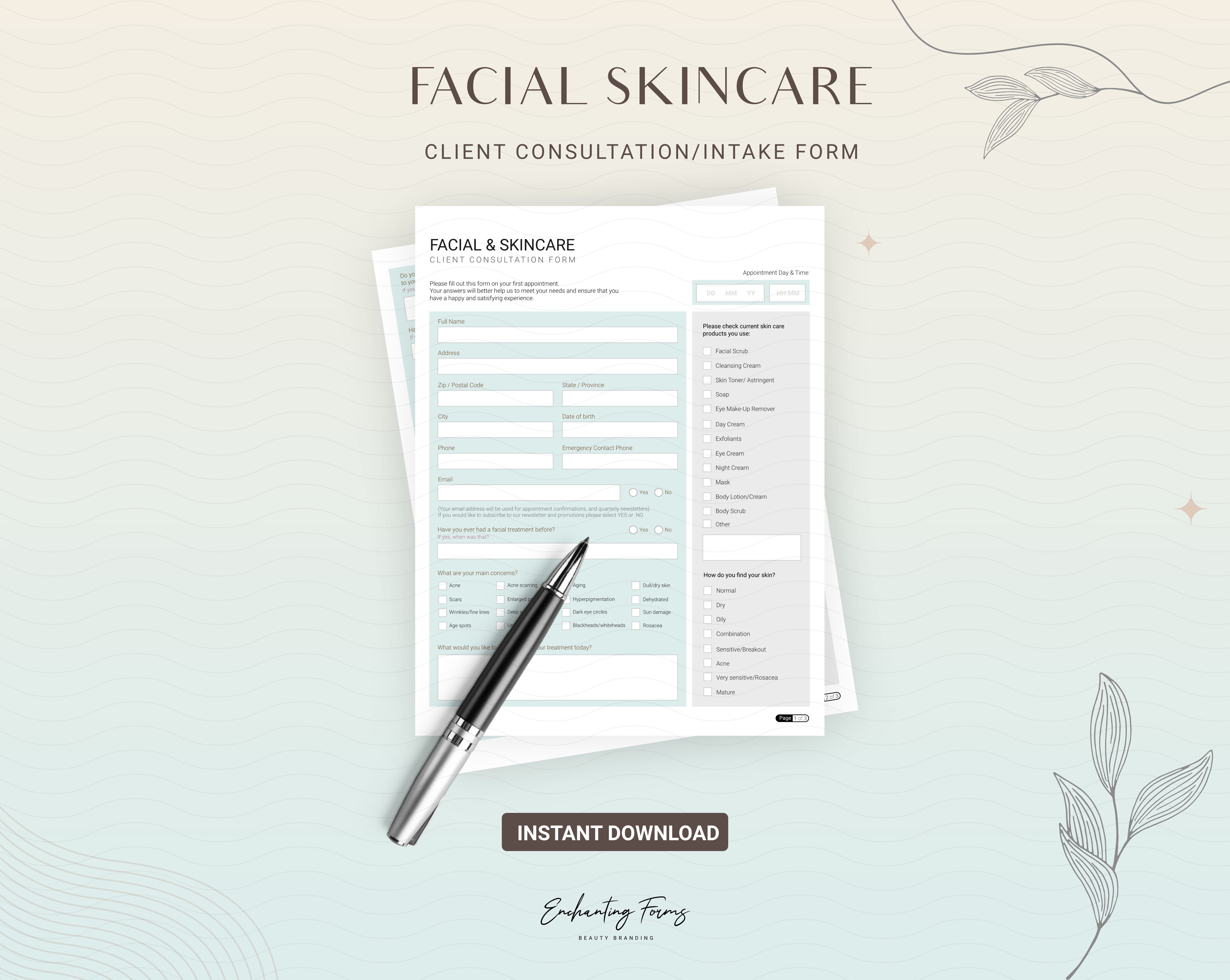 Skincare consultation forms sage green design - fillable PDF for aestheticians