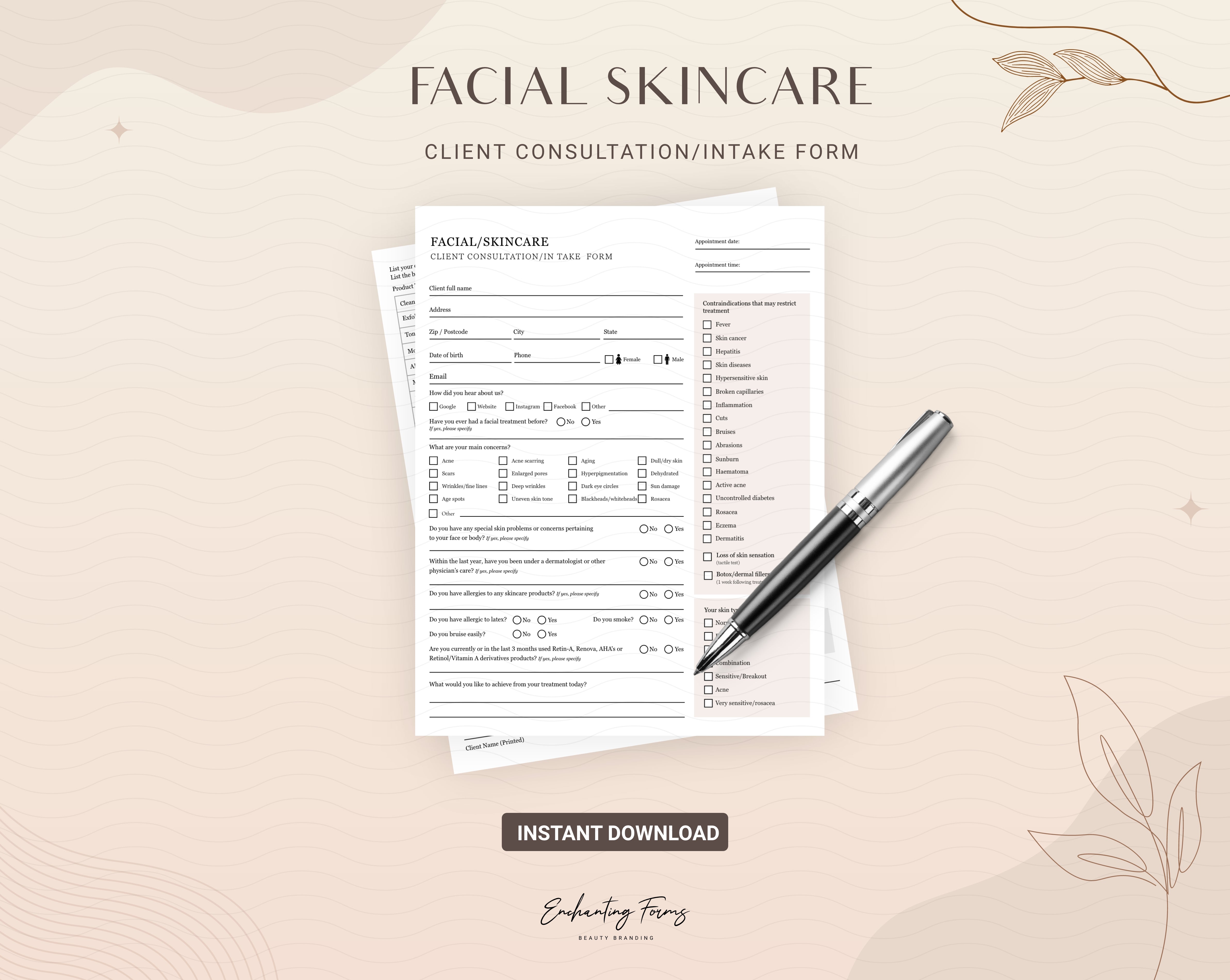 Skincare consultation forms champagne design - fillable PDF for aestheticians