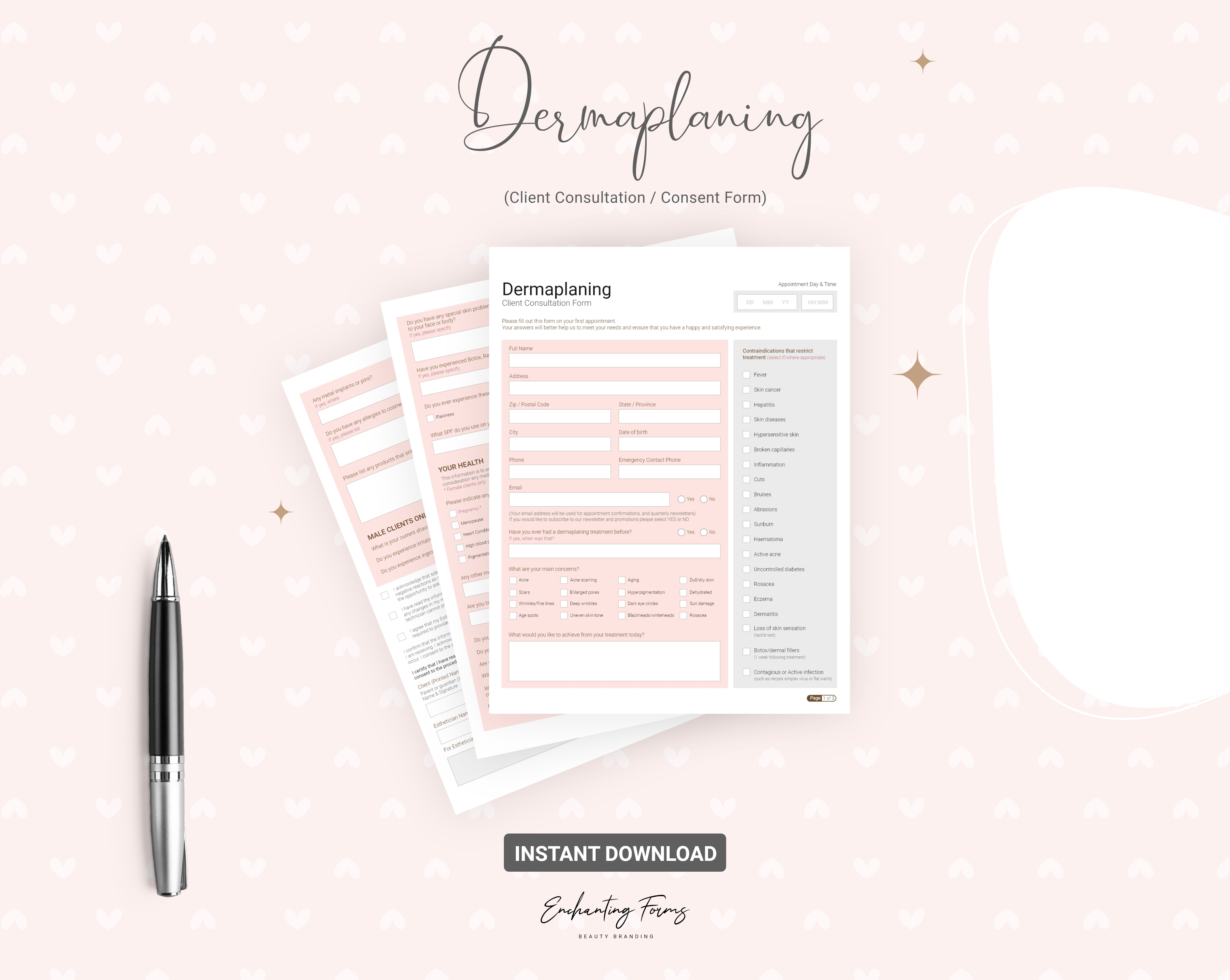 Dermaplaning consultation and consent forms bundle rose gold design - fillable PDF for aestheticians