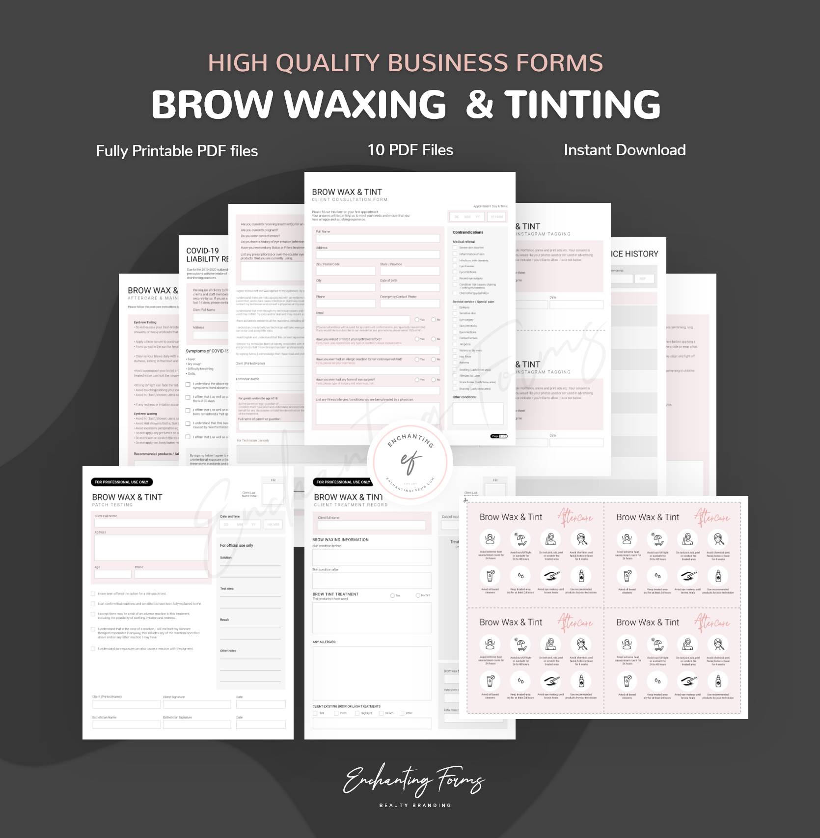 Brow waxing and tinting consultation forms - professional fillable PDF for brow specialists