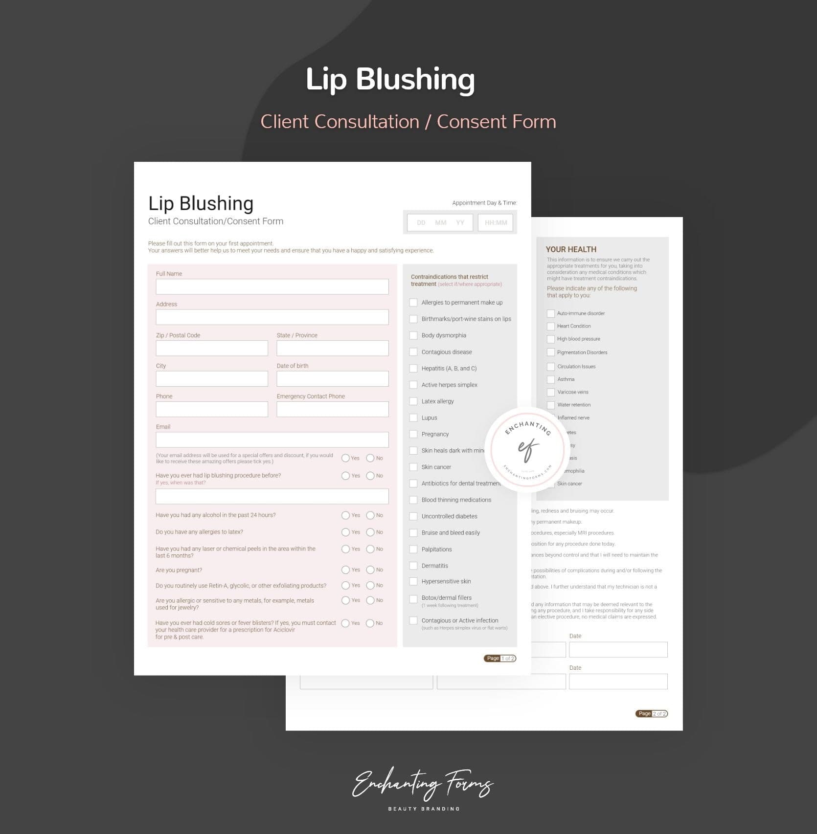 Lip blushing consultation and consent forms bundle - professional fillable PDF for PMU artists