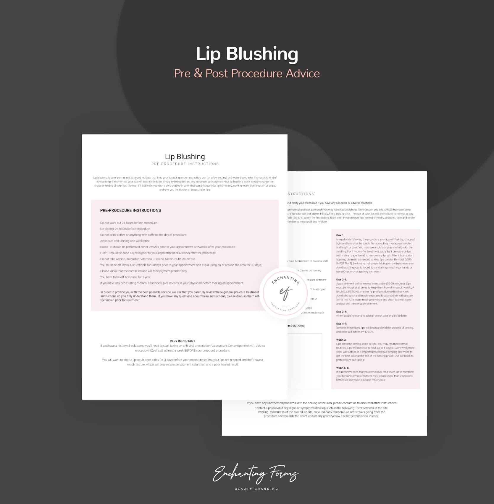 Lip blushing consultation and consent forms bundle - professional fillable PDF for PMU artists