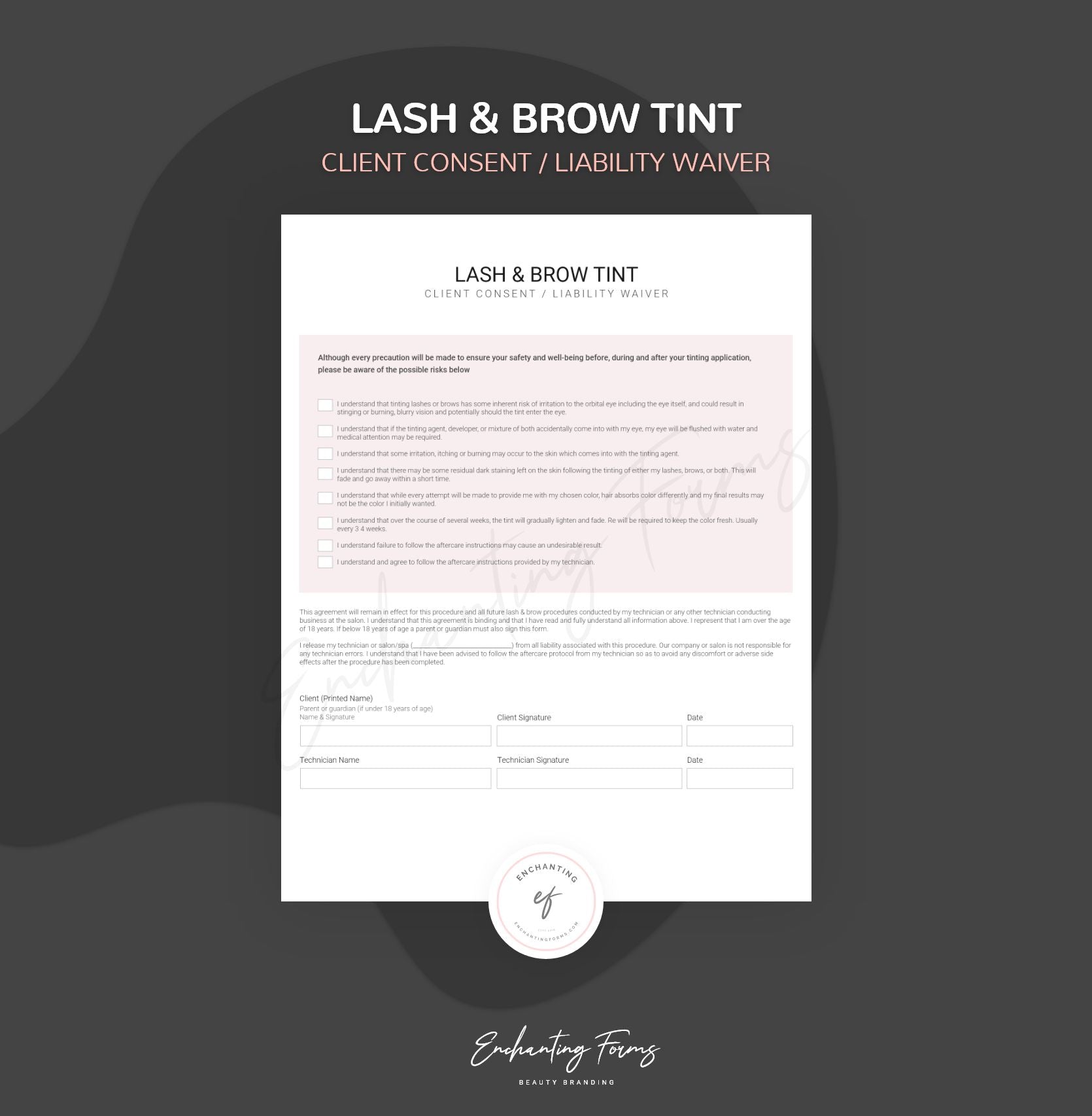 Lash and brow tinting consultation consent forms - professional fillable PDF