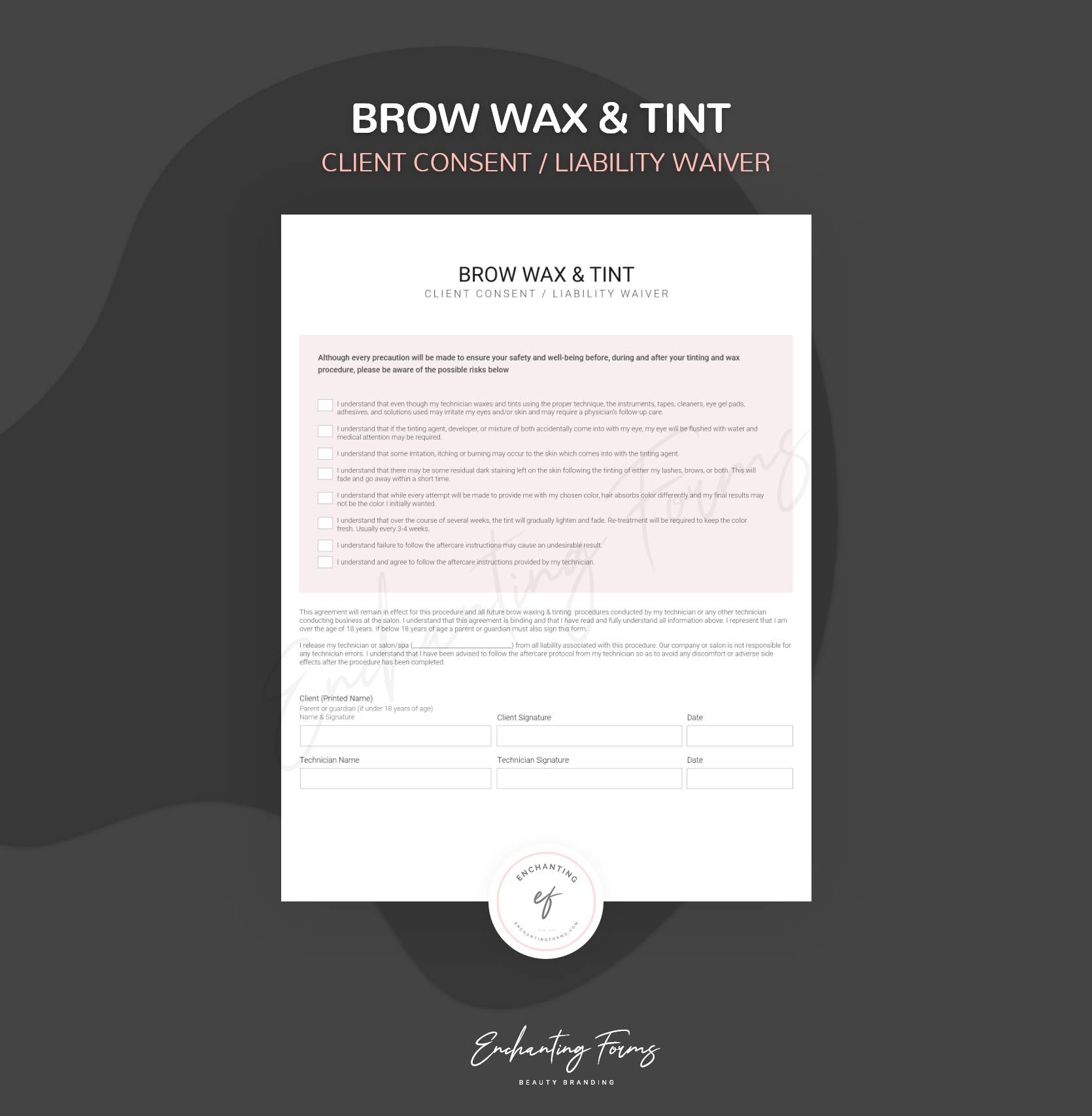 Brow waxing and tinting consultation forms - professional fillable PDF for brow specialists