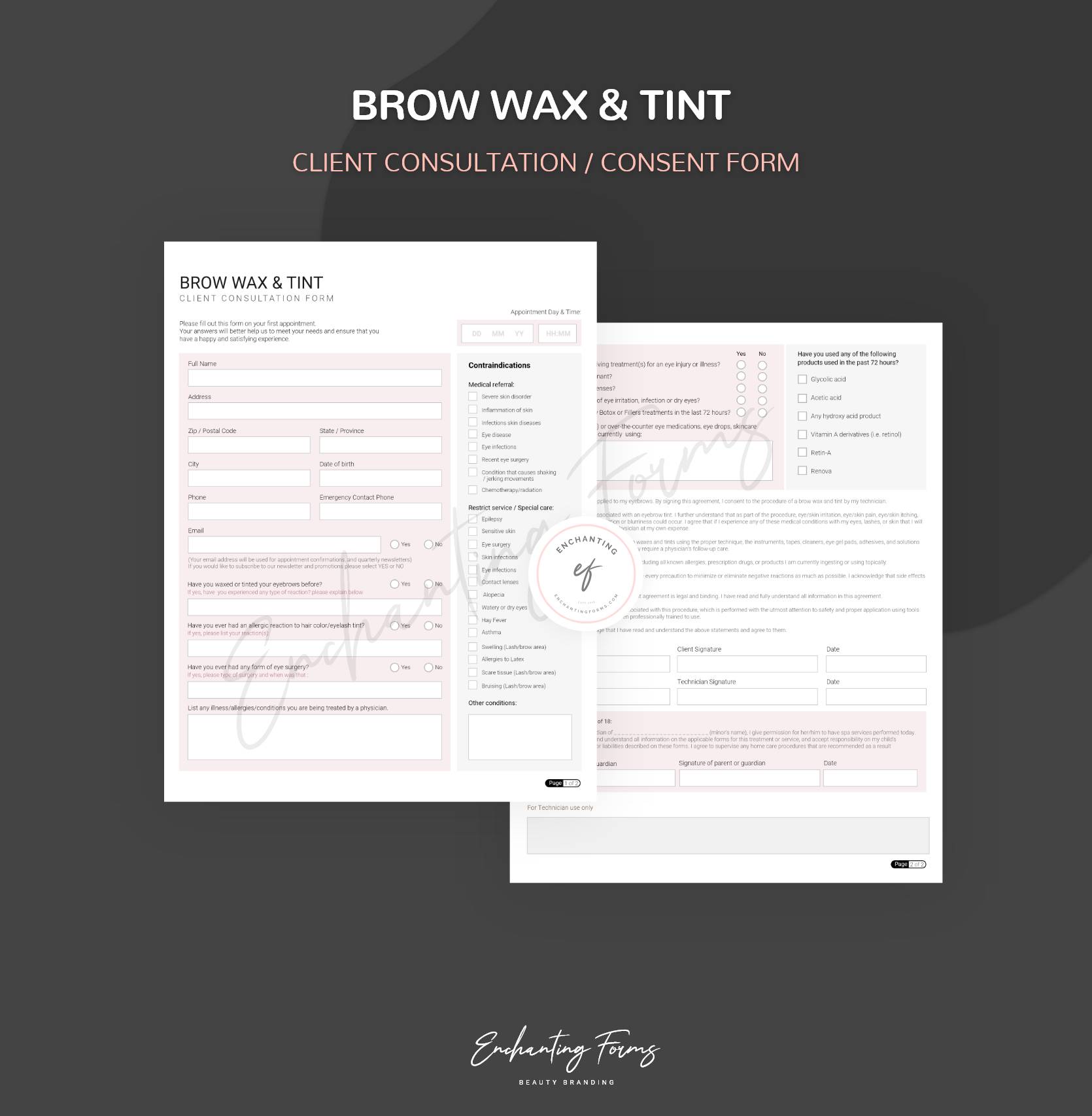 Brow waxing and tinting consultation forms - professional fillable PDF for brow specialists