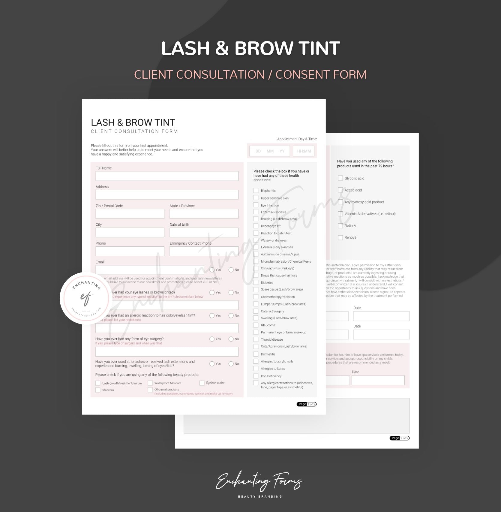 Lash and brow tinting consultation consent forms - professional fillable PDF
