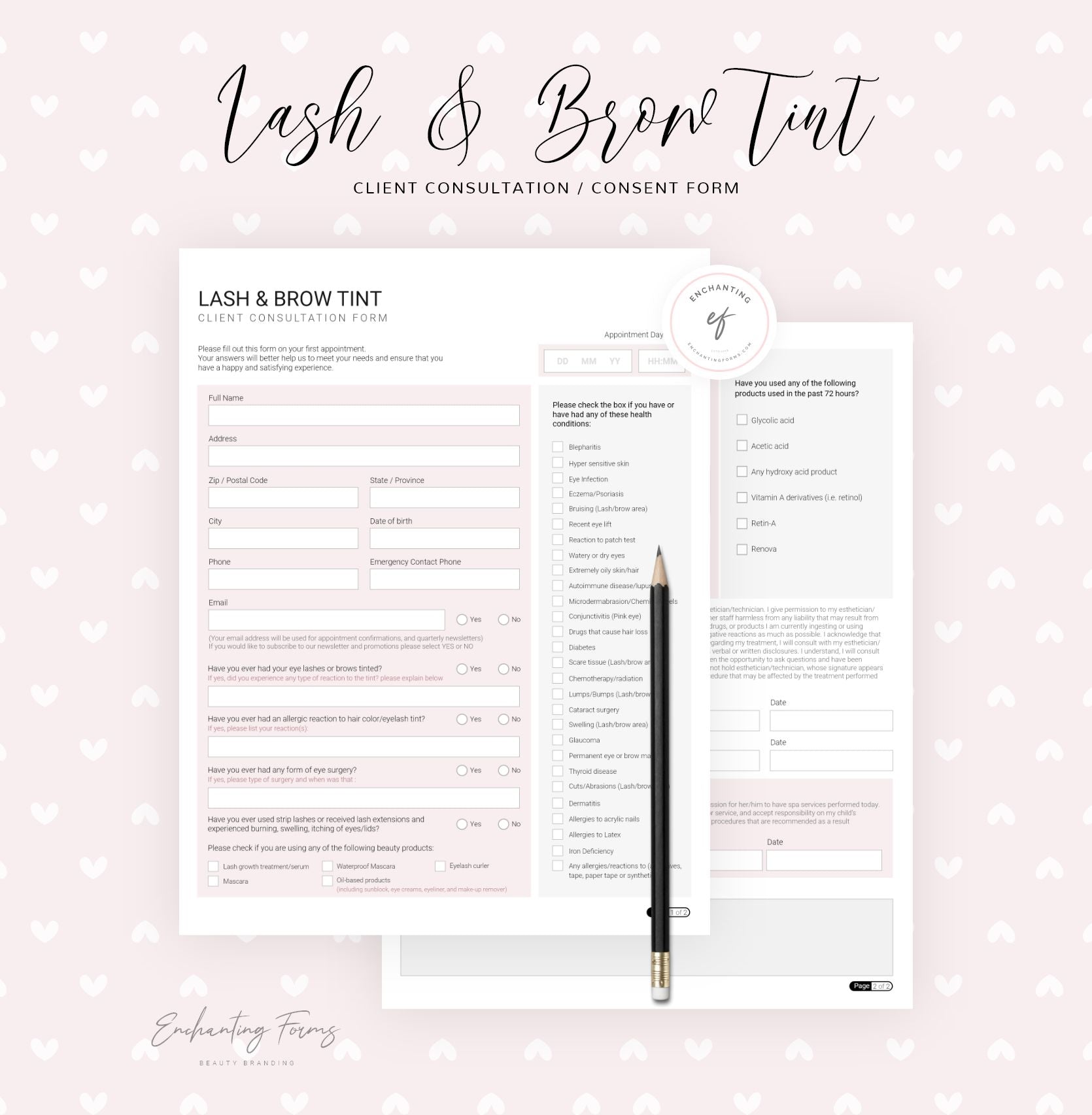 Lash and brow tinting consultation consent forms - professional fillable PDF