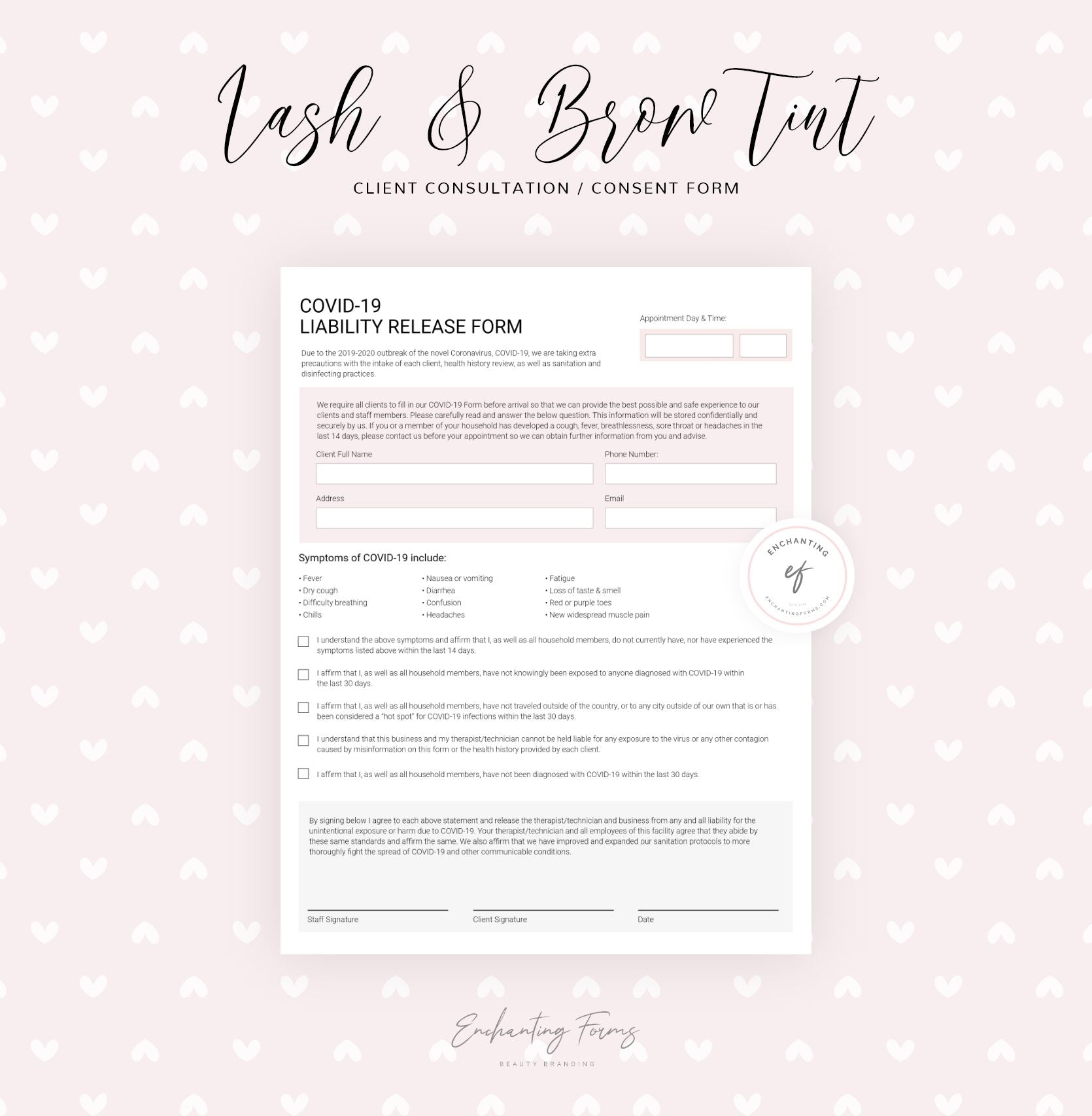 Lash and brow tinting consultation consent forms - professional fillable PDF