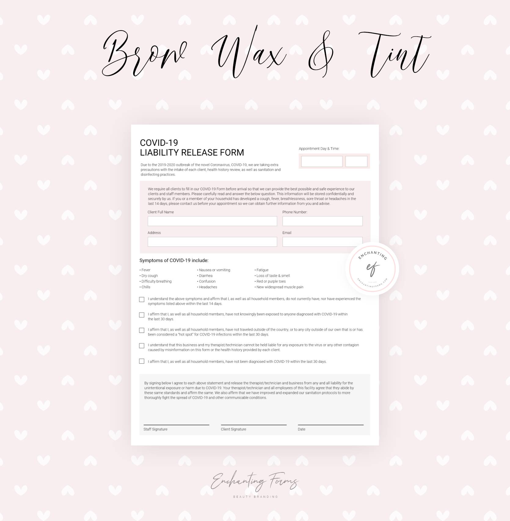 Brow waxing and tinting consultation forms - professional fillable PDF for brow specialists