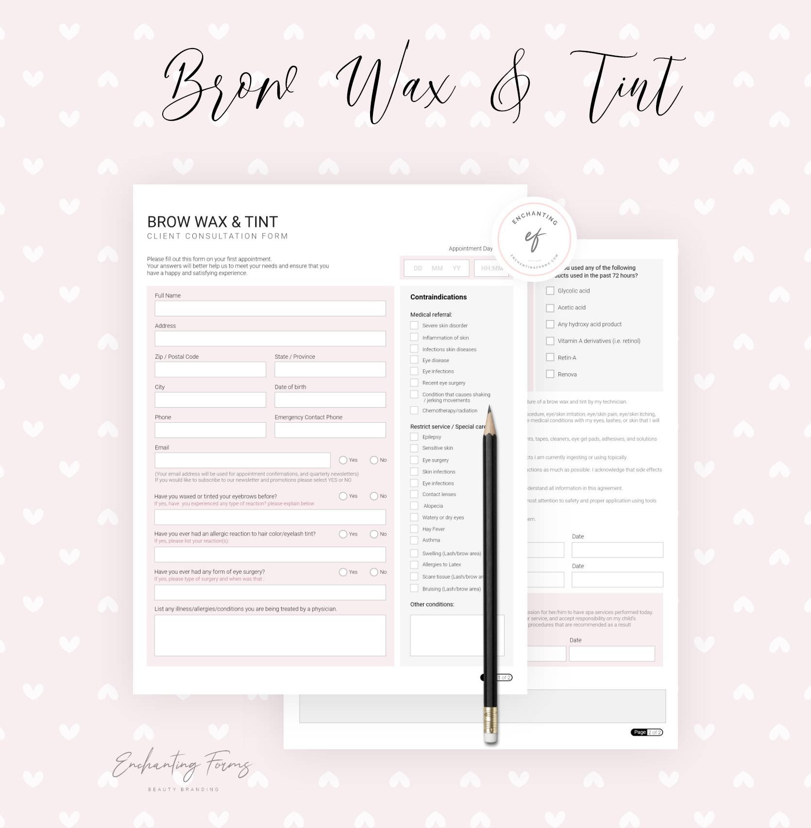 Brow waxing and tinting consultation forms - professional fillable PDF for brow specialists