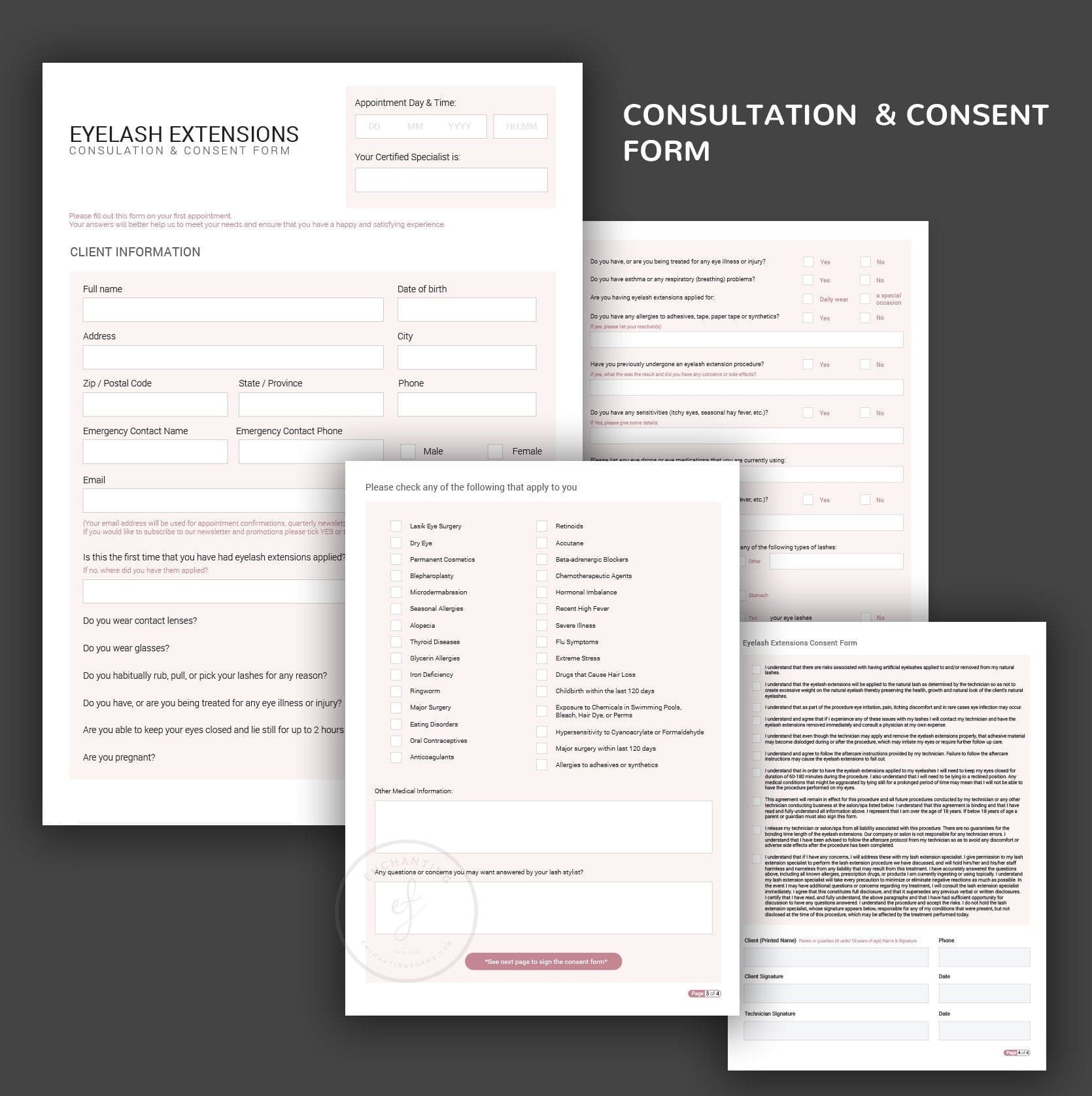Lash tech consultation and consent forms bundle - professional fillable PDF for lash technicians