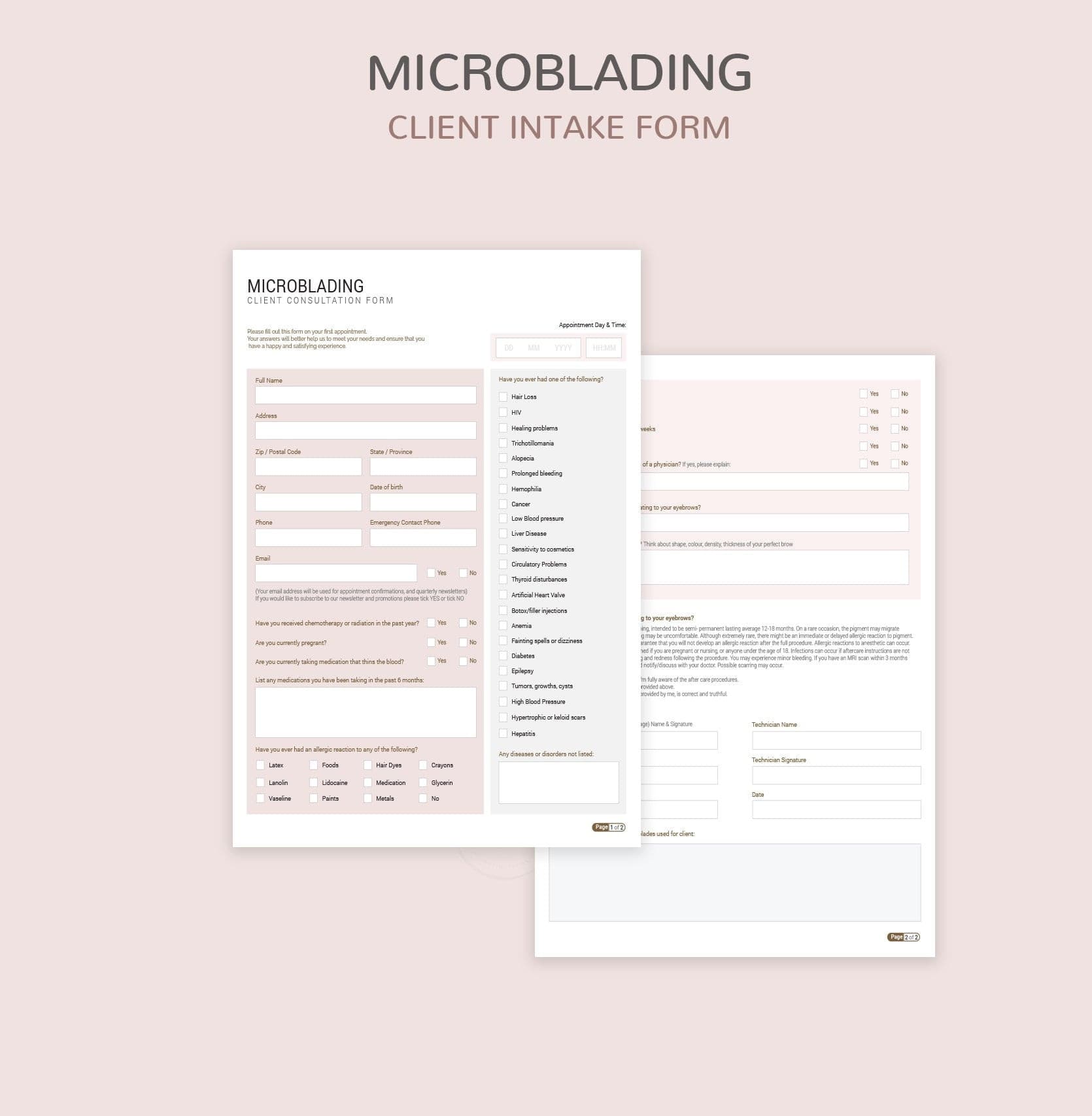 Microblading consultation and consent forms bundle - professional fillable PDF for PMU artists
