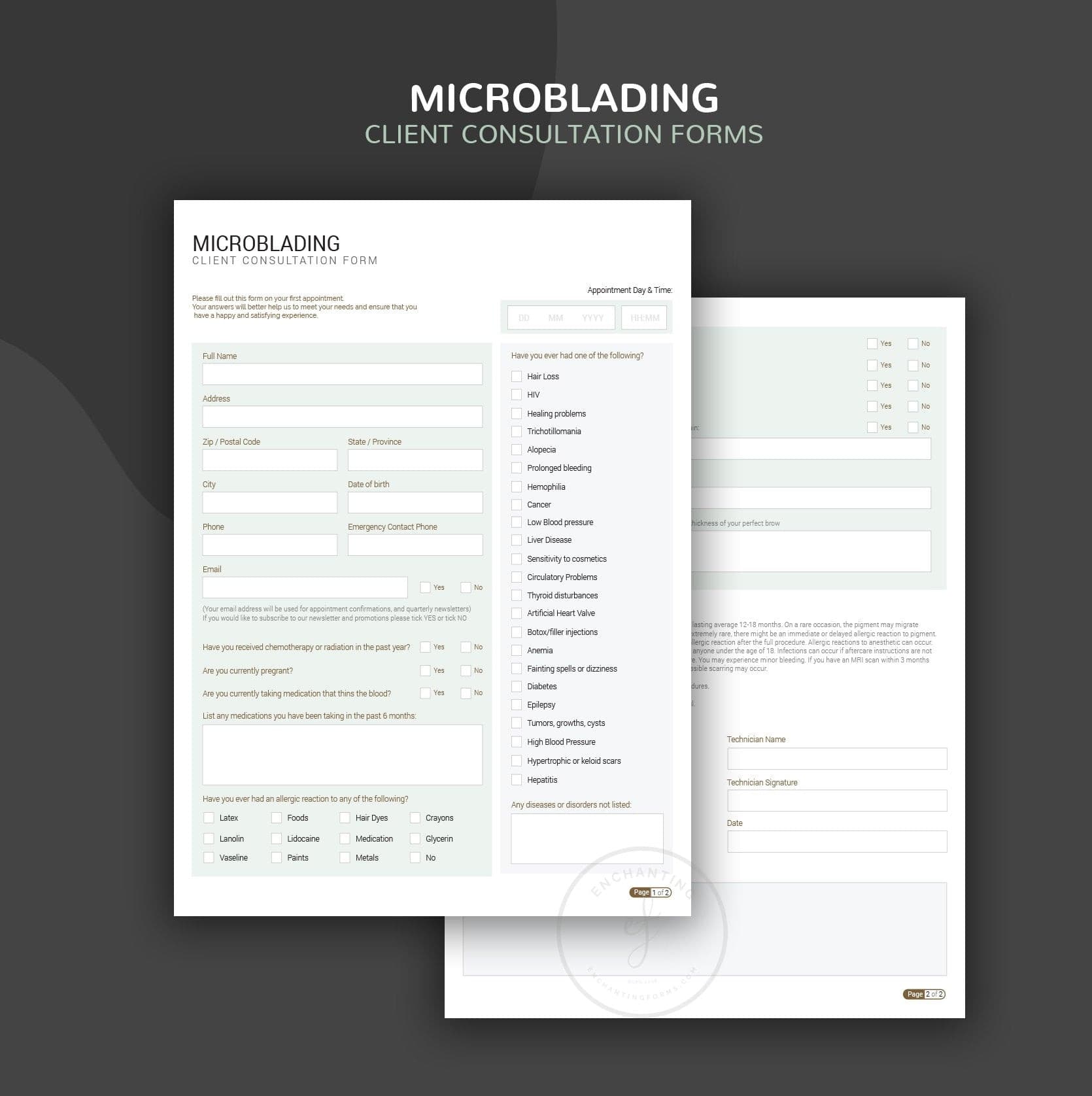 Microblading consent forms bundle sage green design - fillable PDF for PMU artists