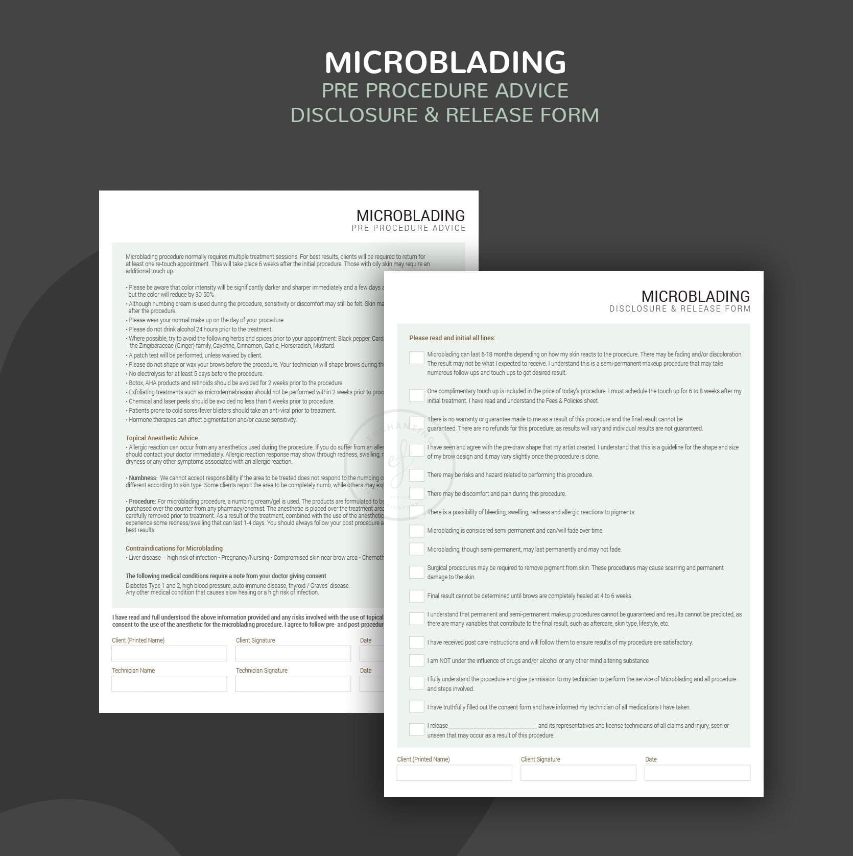 Microblading consent forms bundle sage green design - fillable PDF for PMU artists