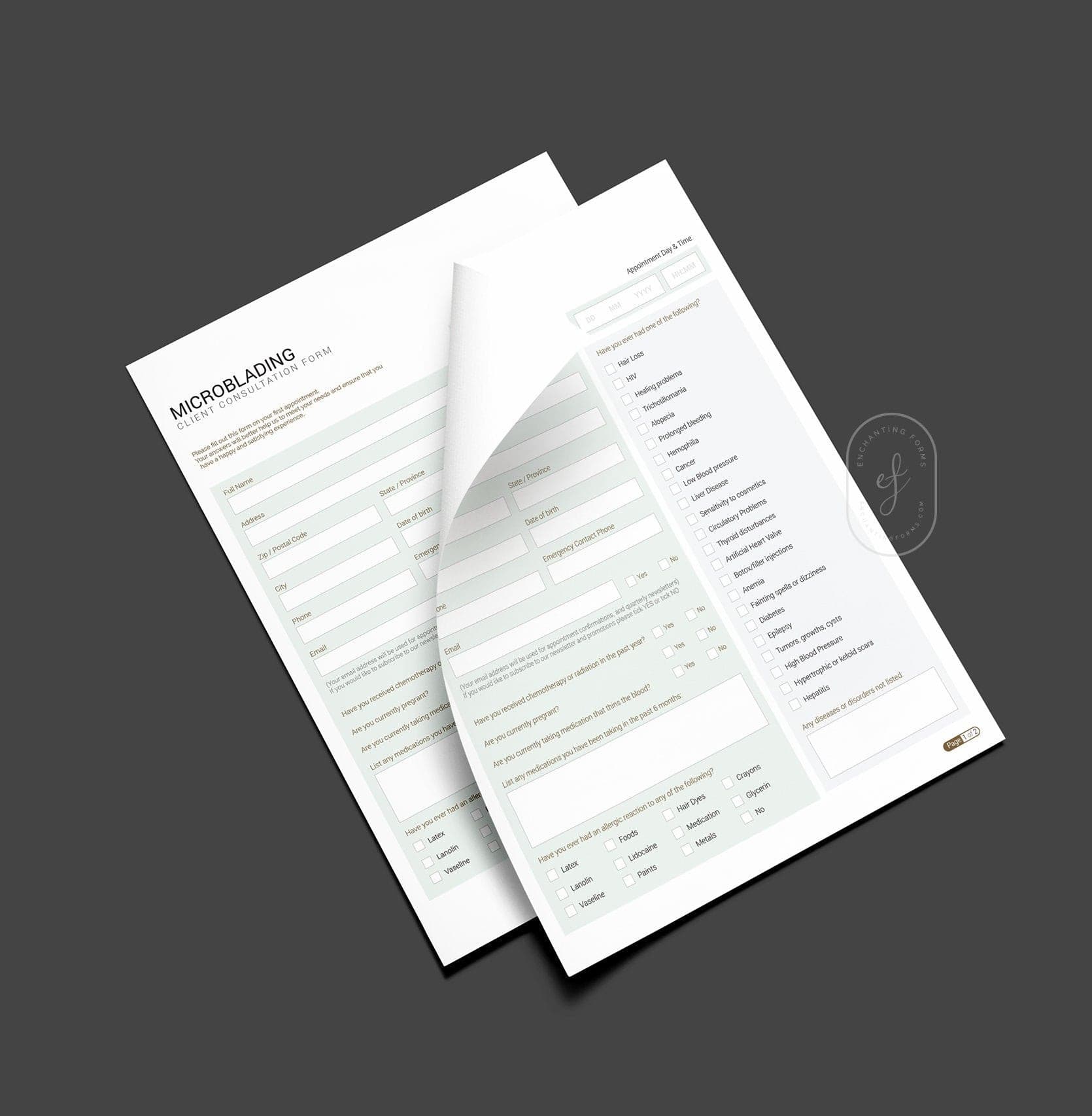 Microblading consent forms bundle sage green design - fillable PDF for PMU artists