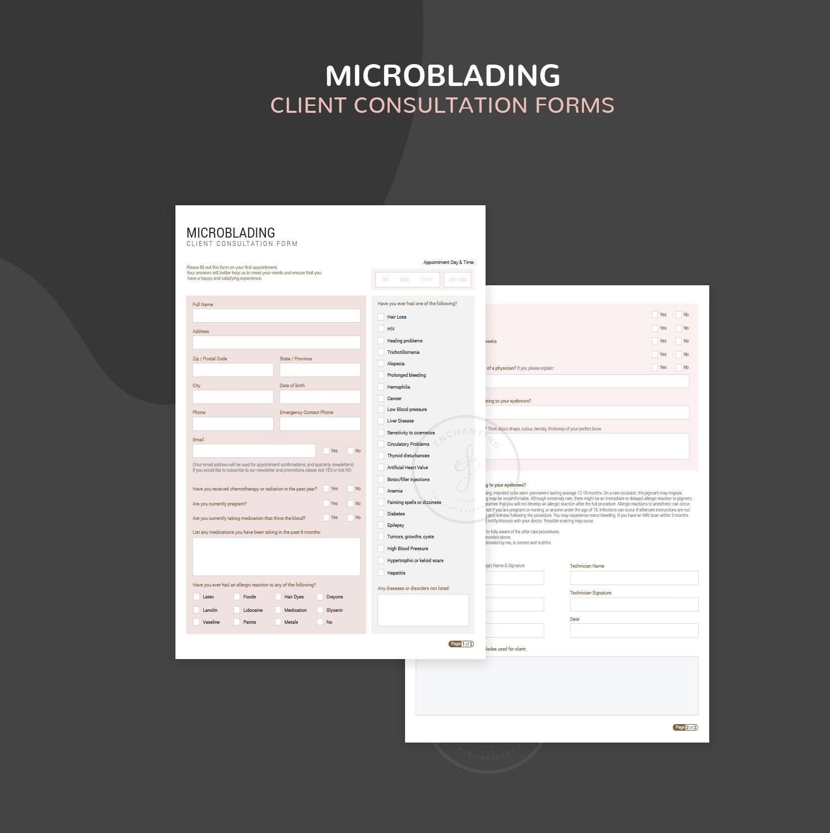 Microblading consultation and consent forms bundle - professional fillable PDF for PMU artists