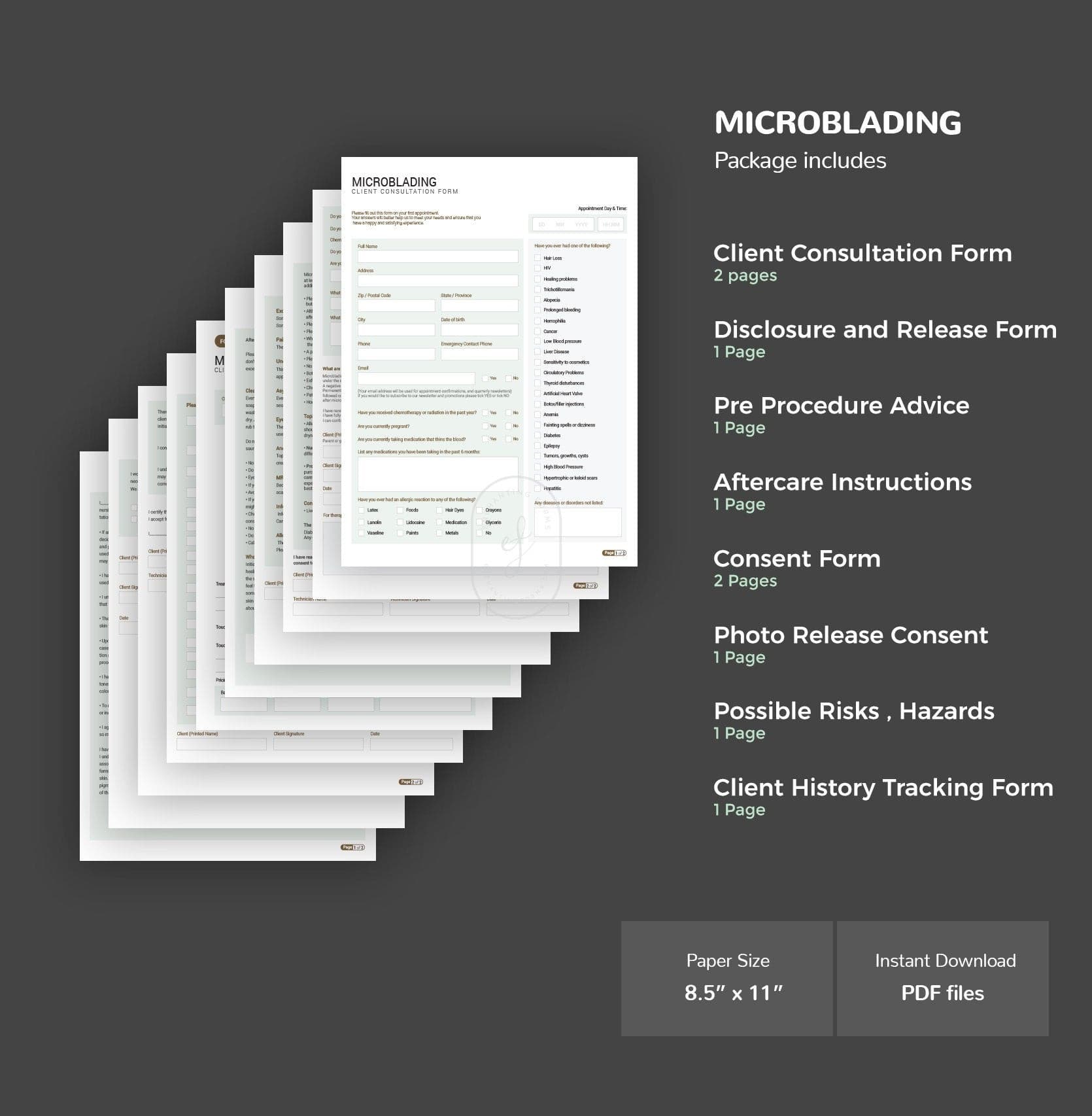 Microblading consent forms bundle sage green design - fillable PDF for PMU artists