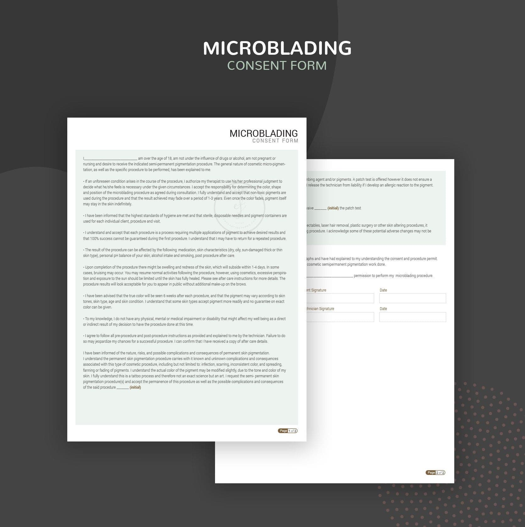 Microblading consent forms bundle sage green design - fillable PDF for PMU artists