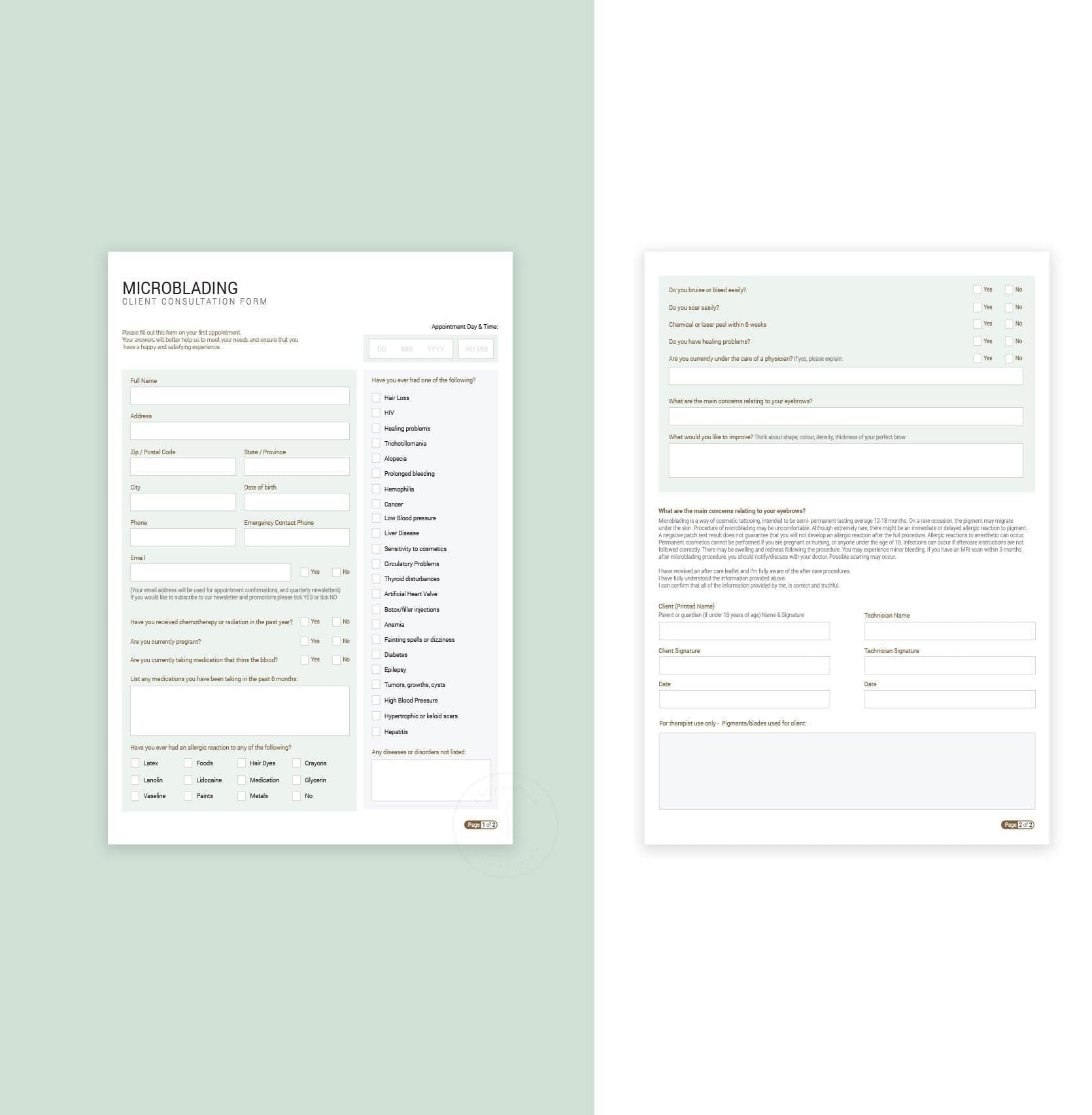 Microblading consent forms bundle sage green design - fillable PDF for PMU artists