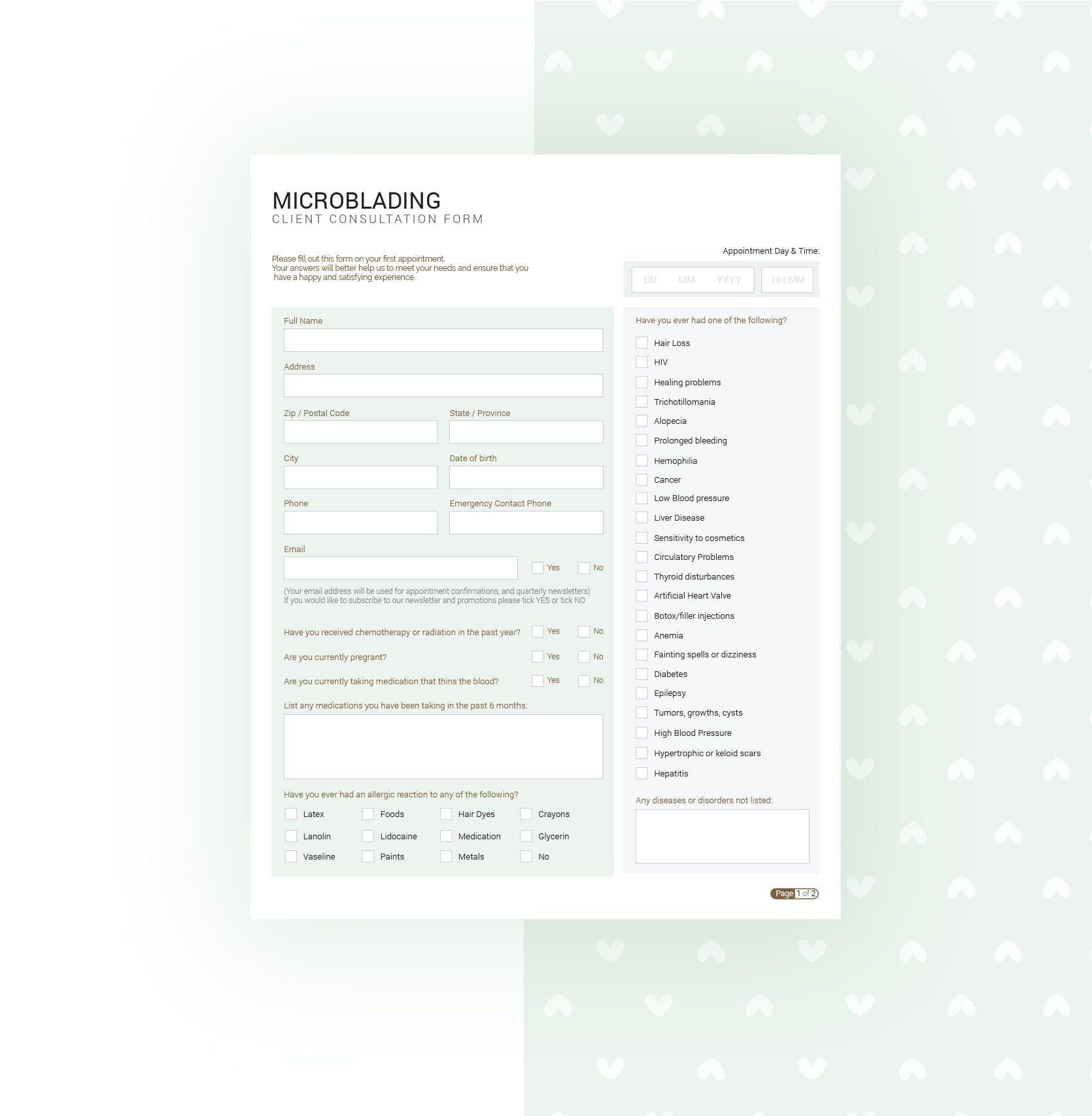 Microblading consent forms bundle sage green design - fillable PDF for PMU artists